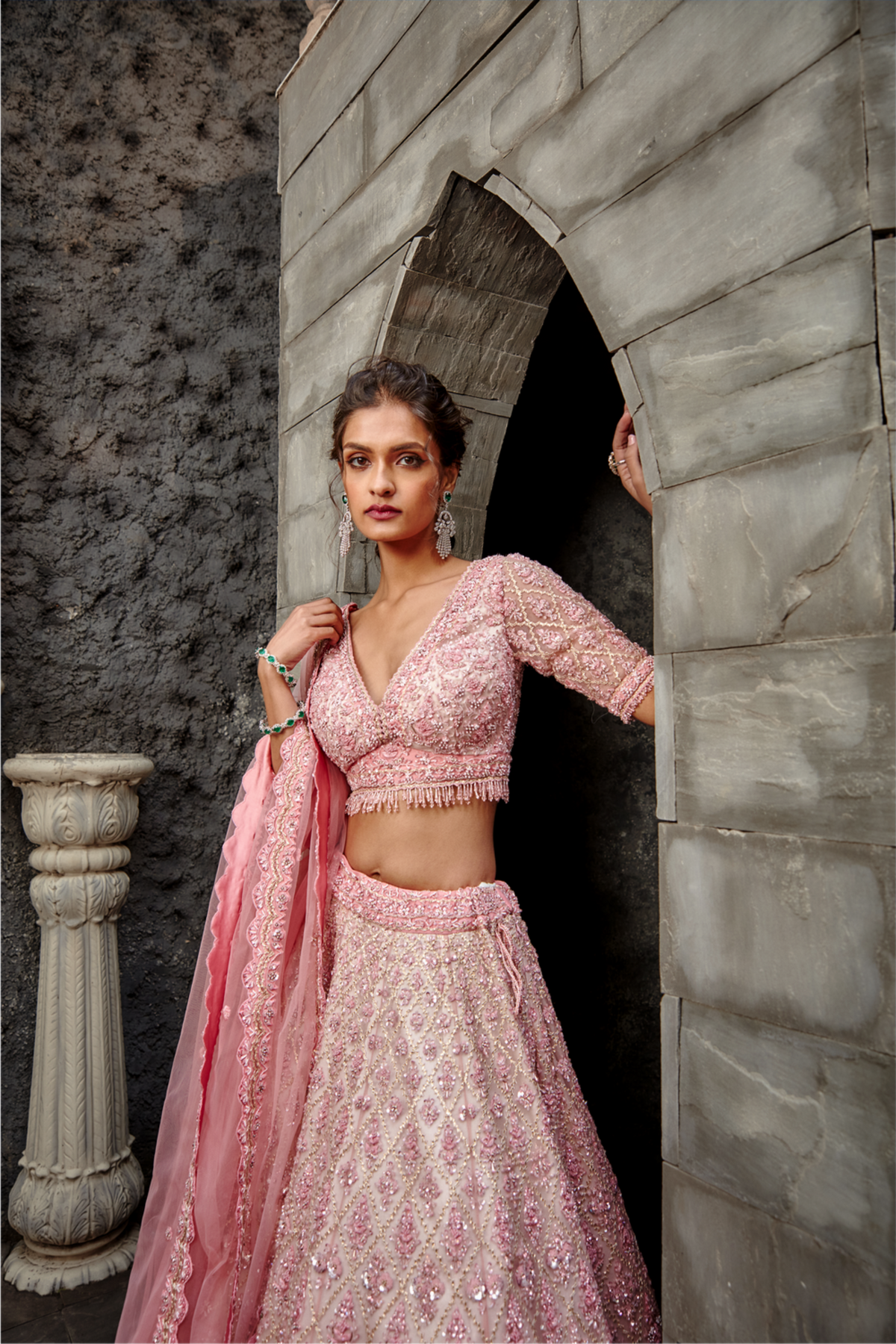 Cream/blush Tulle Gota/resham Lehenga Set