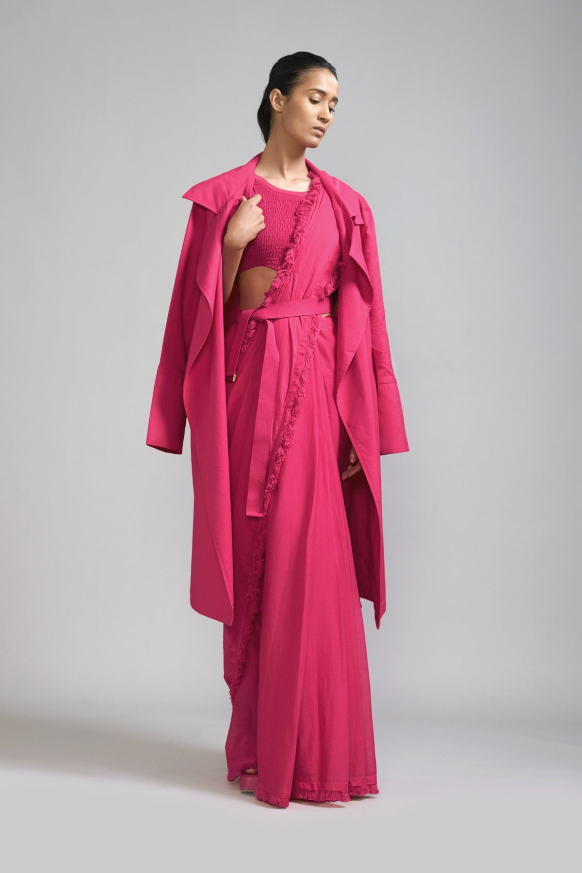 Pink Fringed Saree bodysuit jacket Set