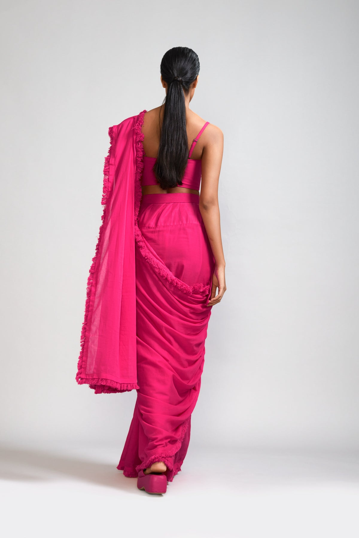 Pink Fringed Saree &amp; Corset Set