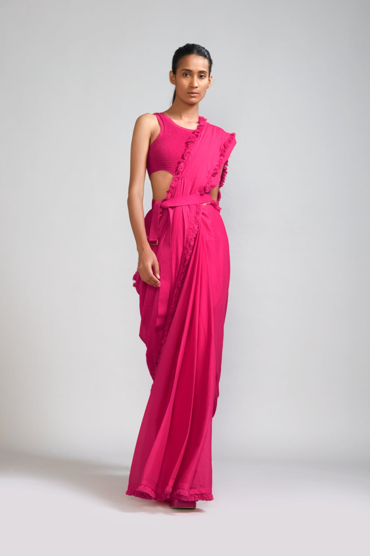 Pink Fringed Saree bodysuit jacket Set