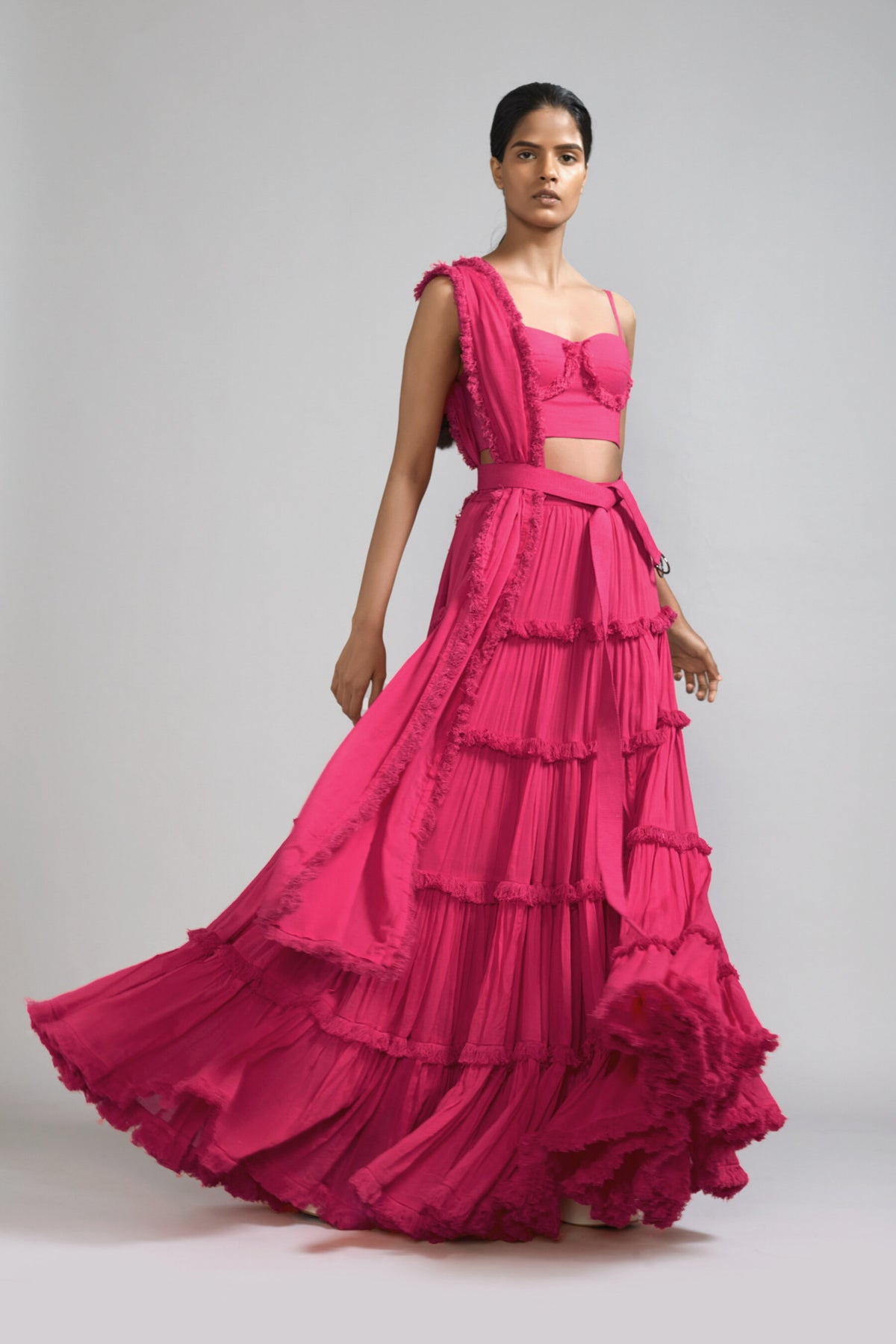 Pink Fringed Tiered Lehenga