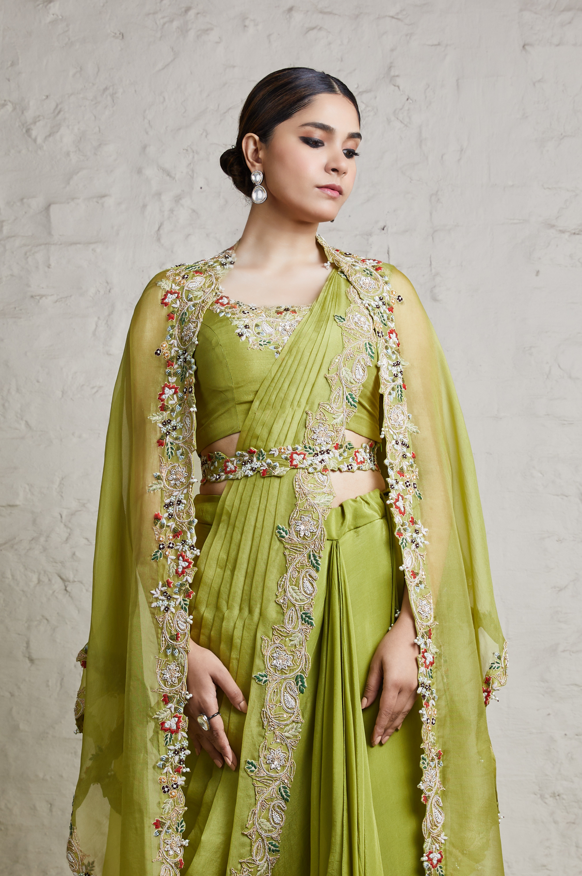 Silk Blouse With Organza Cape And Crepe Dhoti