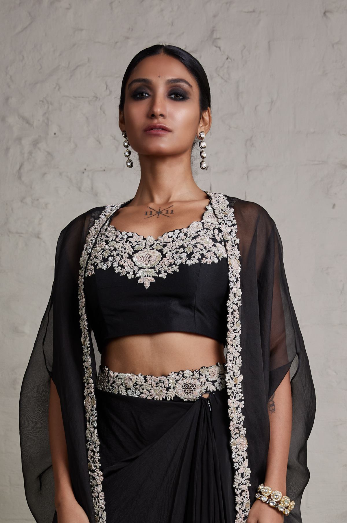 Silk Blouse With Organza Cape and Crepe Skirt