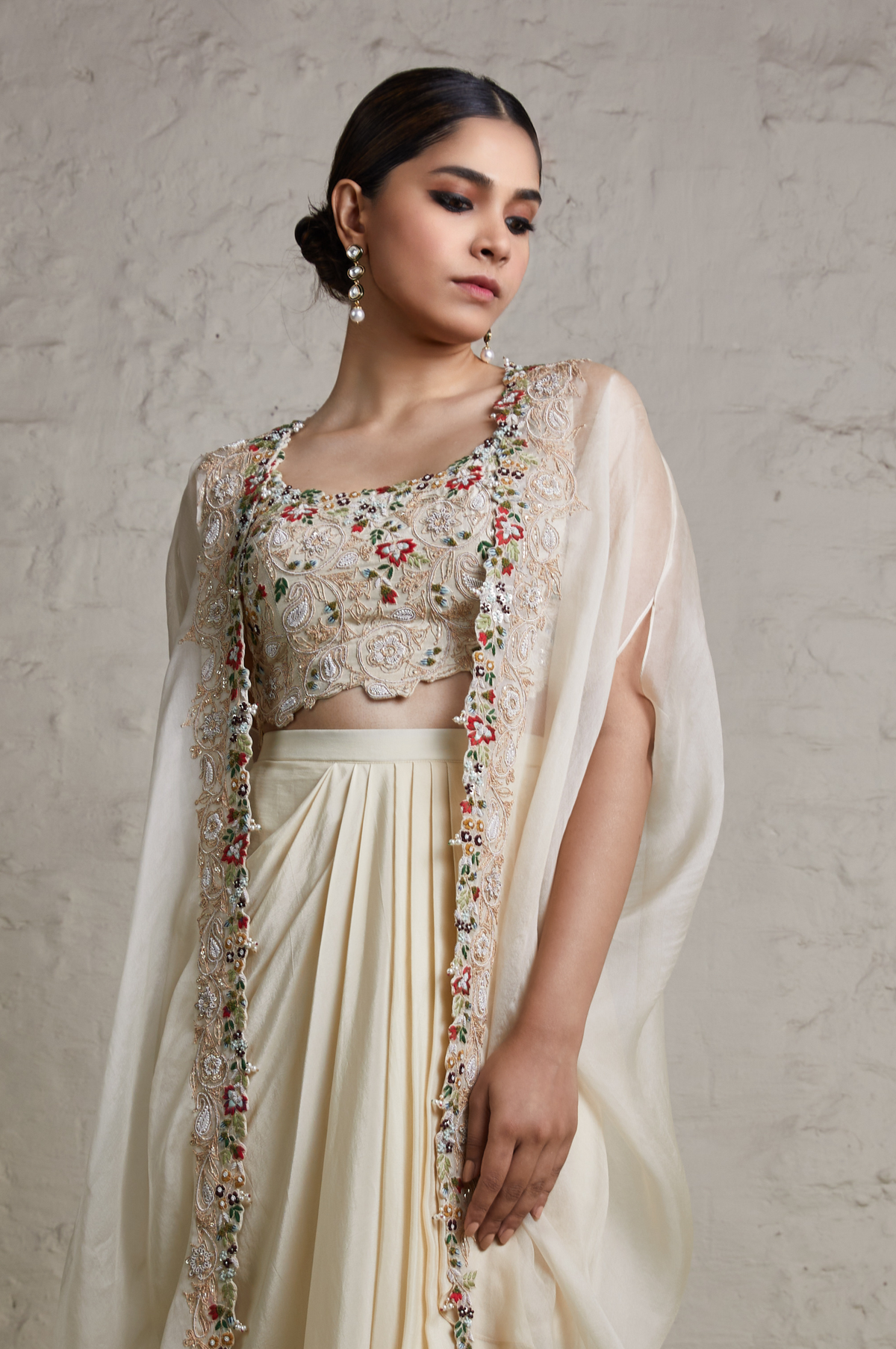 Silk Blouse With Crepe Dhoti and Oranza Cape