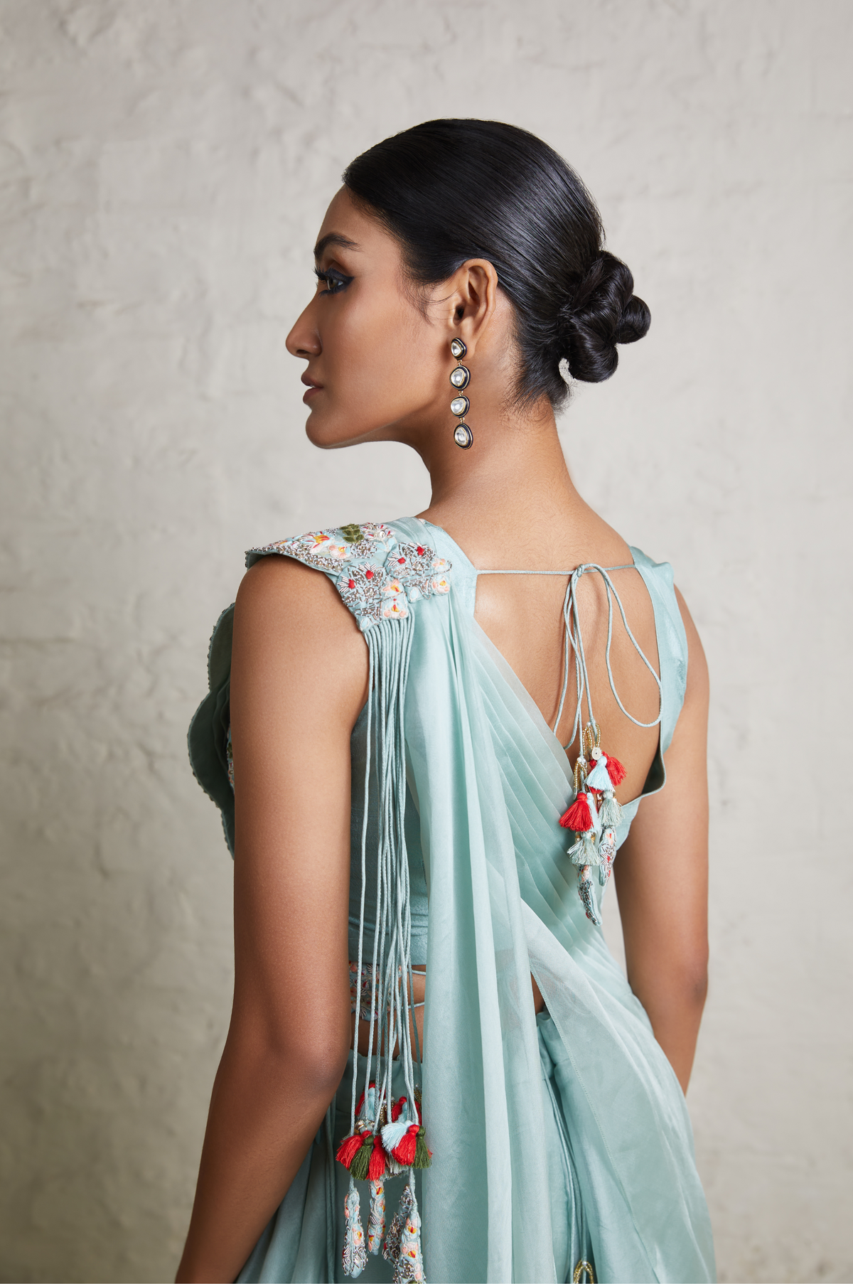 Silk Blouse With Organza Drape and Organza Sharara