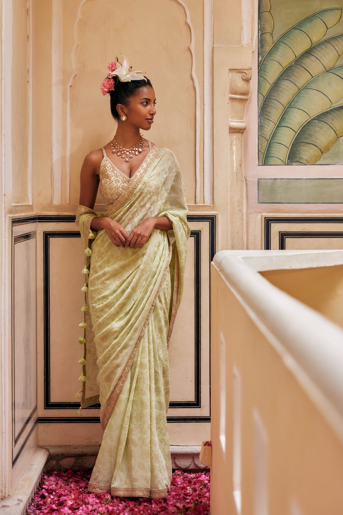 Mint Gold Print Saree With Embroidered Blouse