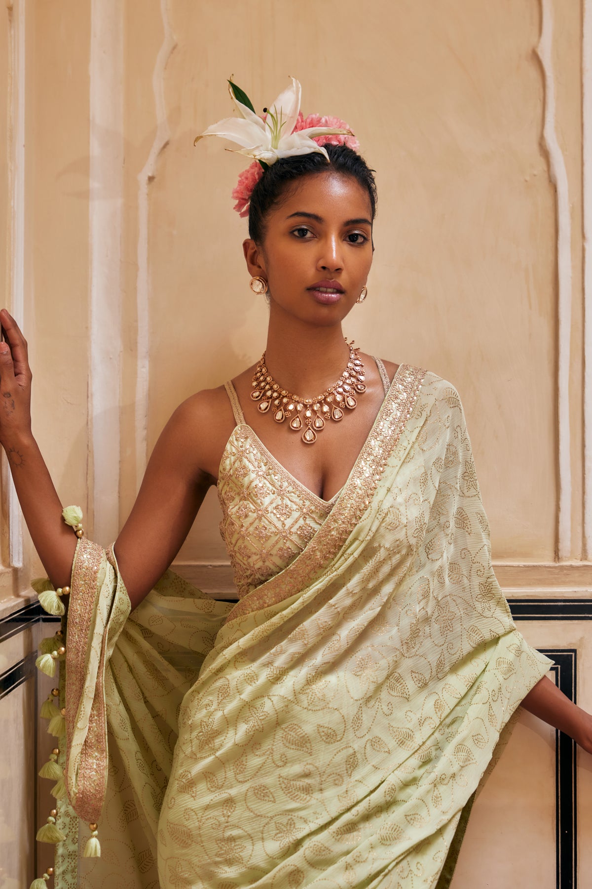Mint Gold Print Saree With Embroidered Blouse