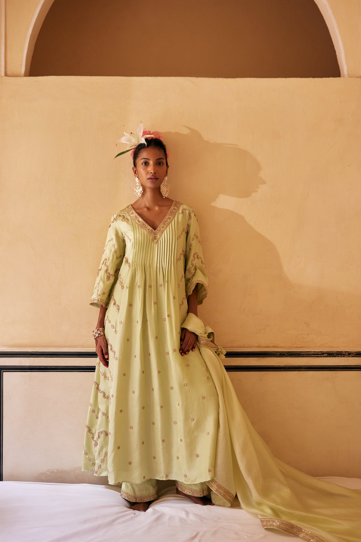 Mint Silk Anarkali Paired With Pants &amp; Dupatta