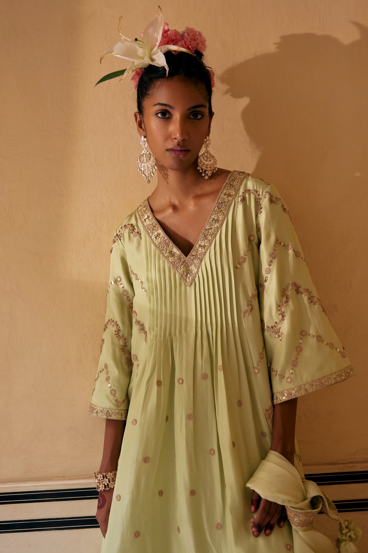 Mint Silk Anarkali Paired With Pants &amp; Dupatta