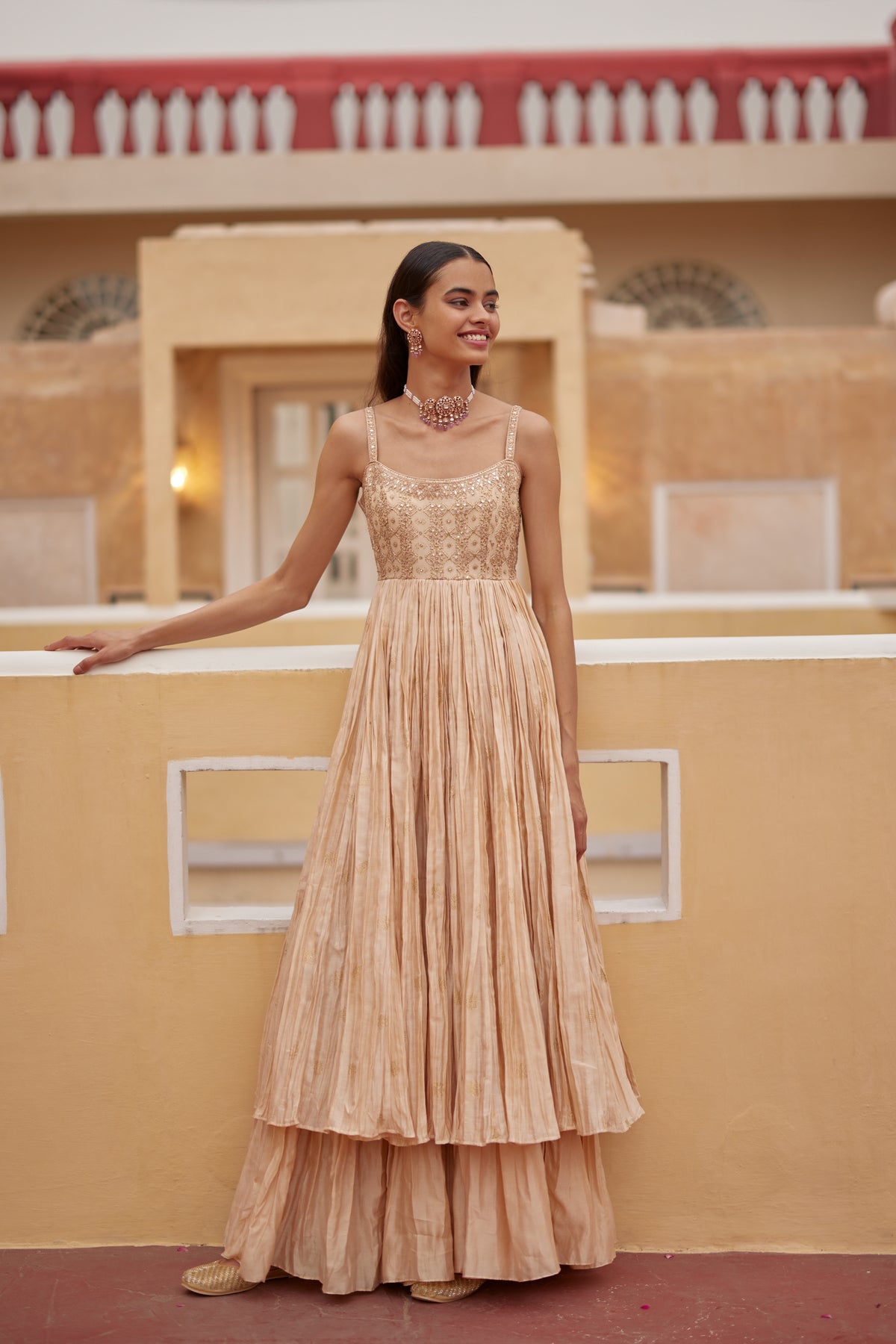 Buttercup Strappy Anarkali Paired With Sharara &amp; Dupatta