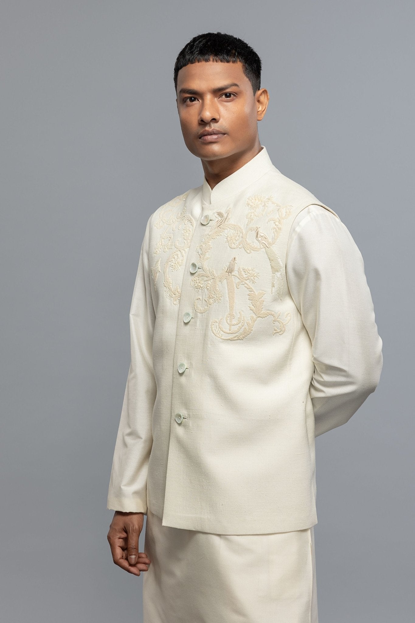 Ivory Matka Bundi With Resham Embroidery - Rohit Bal Menswear - Elahe