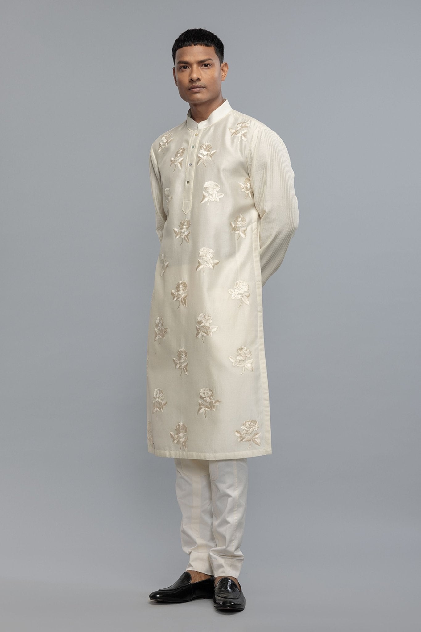 Chanderi Kurta With Resham Embroidery - Rohit Bal Menswear - Elahe