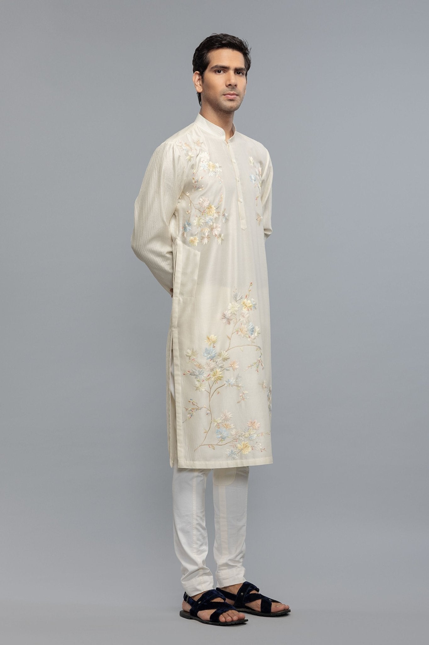 Ivory Chanderi Kurta With Threadwork - Rohit Bal Menswear - Elahe