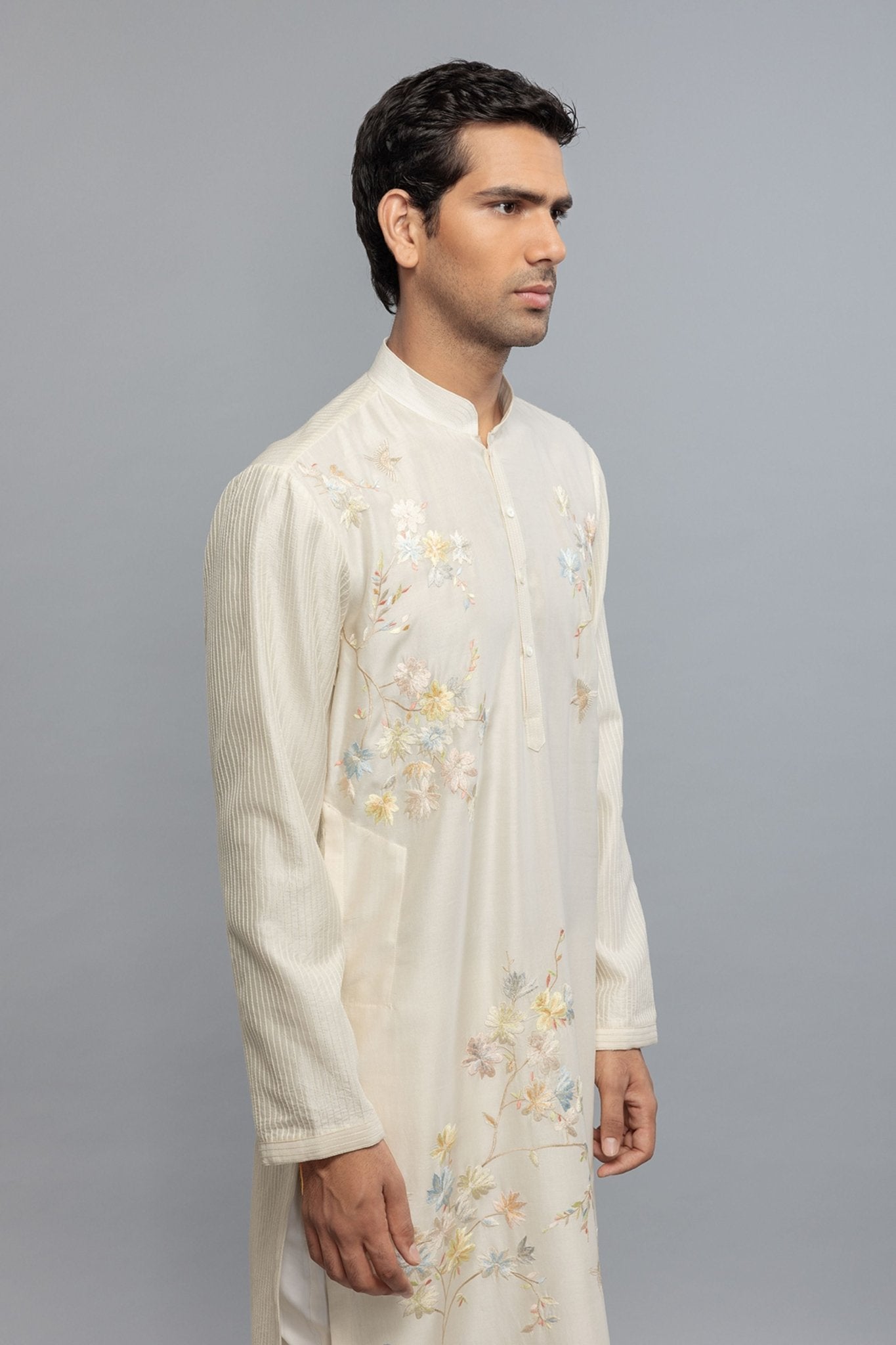 Ivory Chanderi Kurta With Threadwork - Rohit Bal Menswear - Elahe