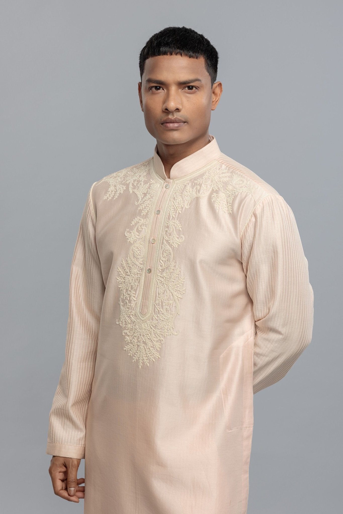 Chanderi Kurta Set With Threadwork - Rohit Bal Menswear - Elahe