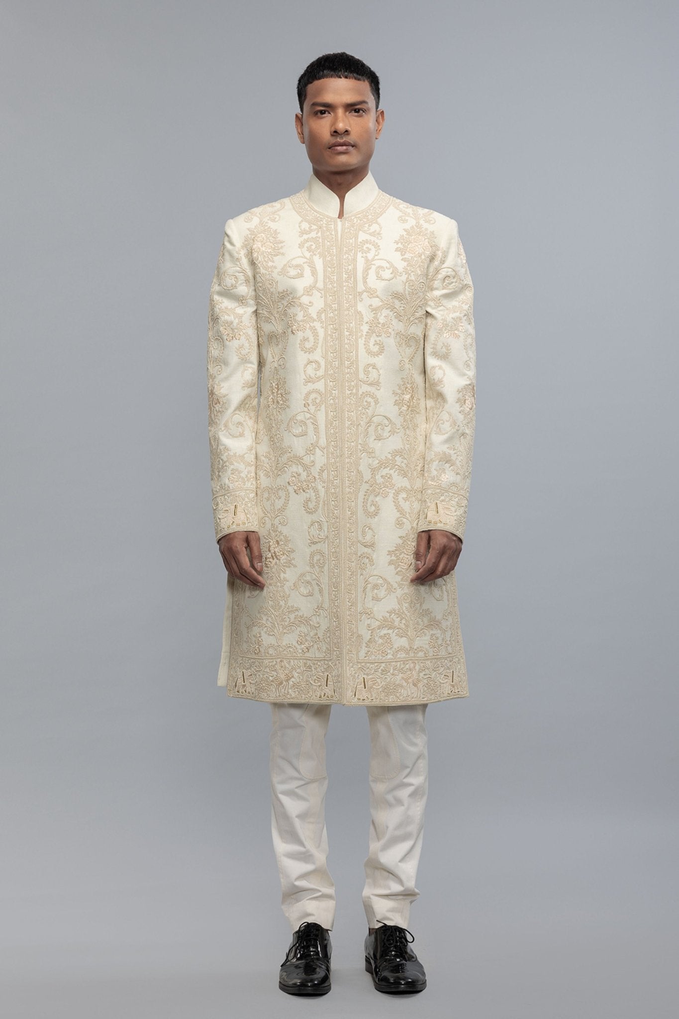 Ivory Silk Sherwani With Embroidery - Rohit Bal Menswear - Elahe