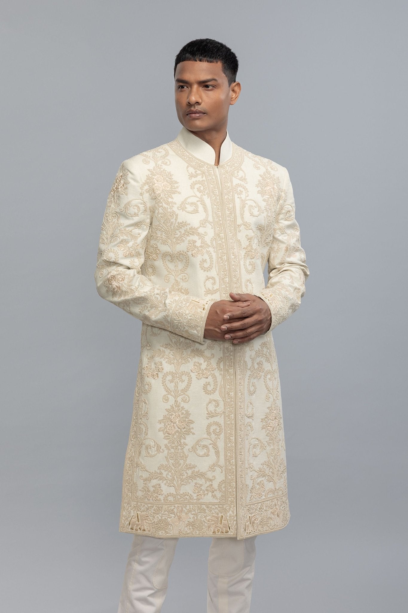 Ivory Silk Sherwani With Embroidery - Rohit Bal Menswear - Elahe