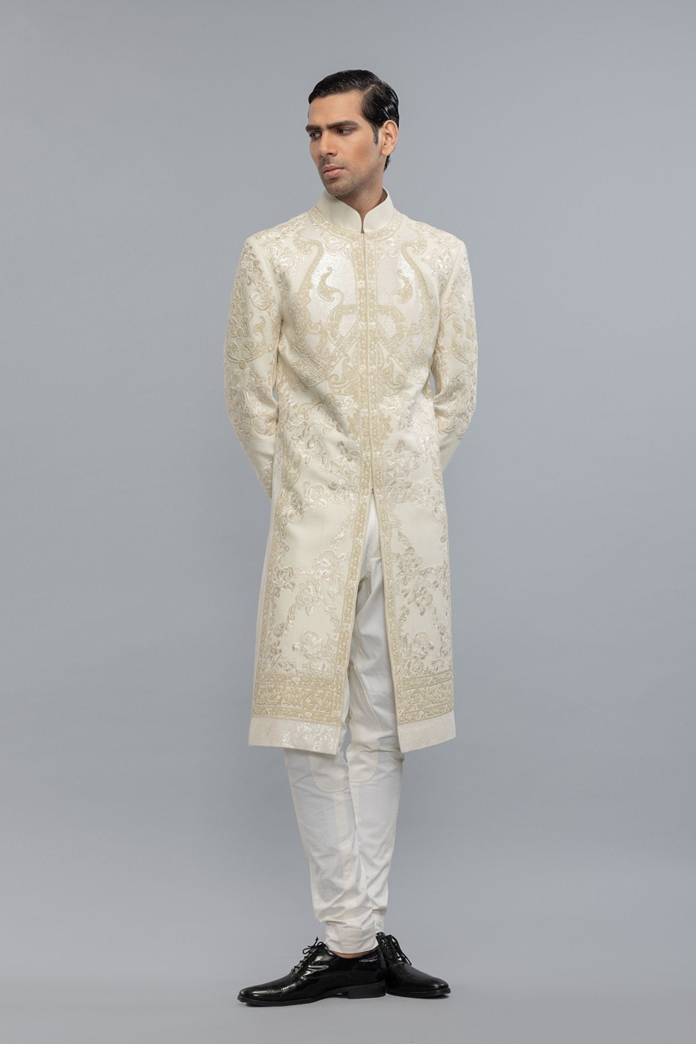 Ivory Embroidered Sherwani - Rohit Bal Menswear - Elahe