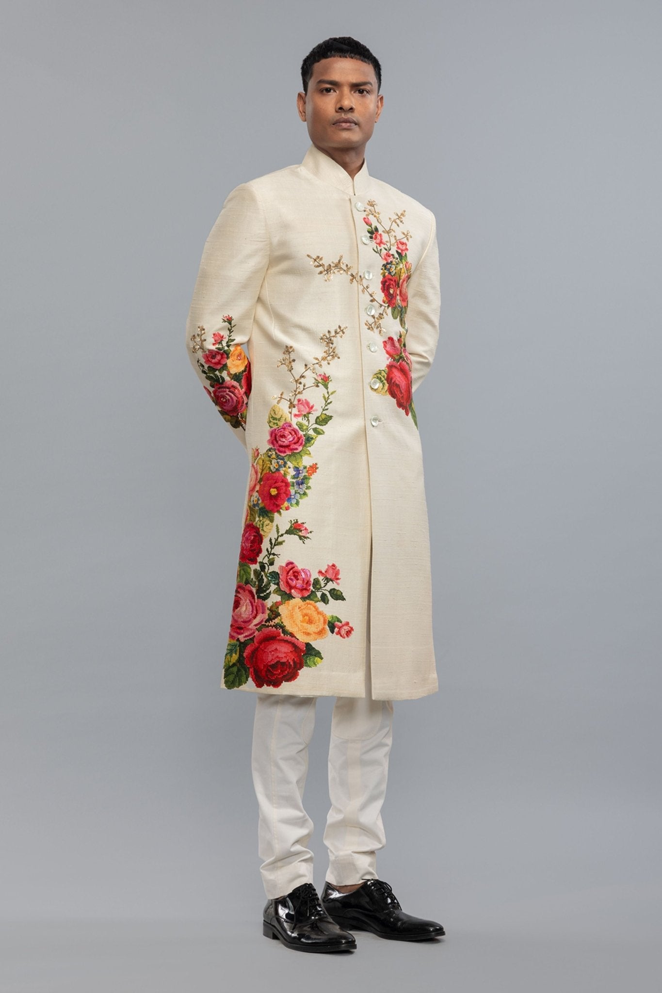 Ivory Matka Silk Sherwani - Rohit Bal Menswear - Elahe
