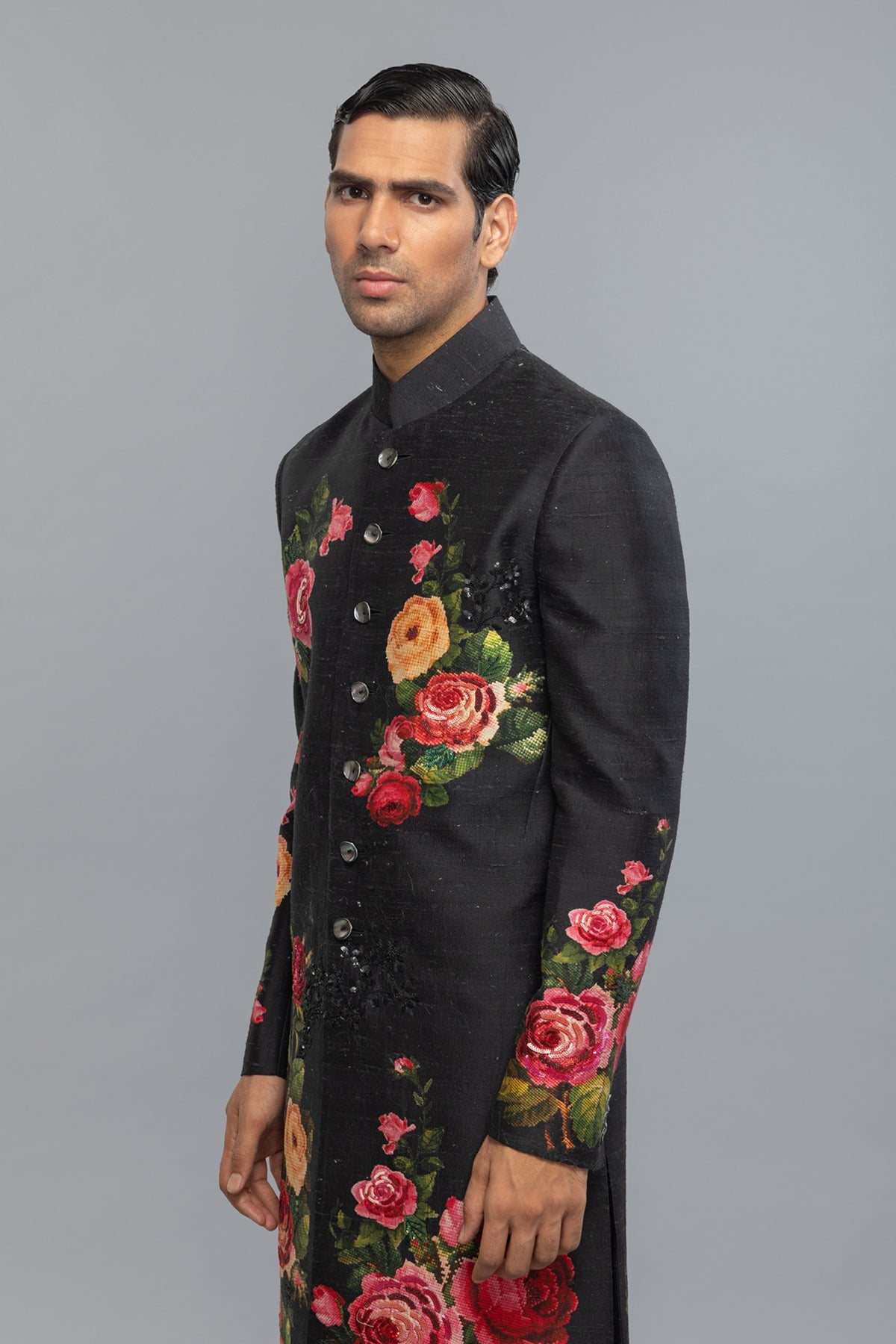 Black Matka Silk Sherwani