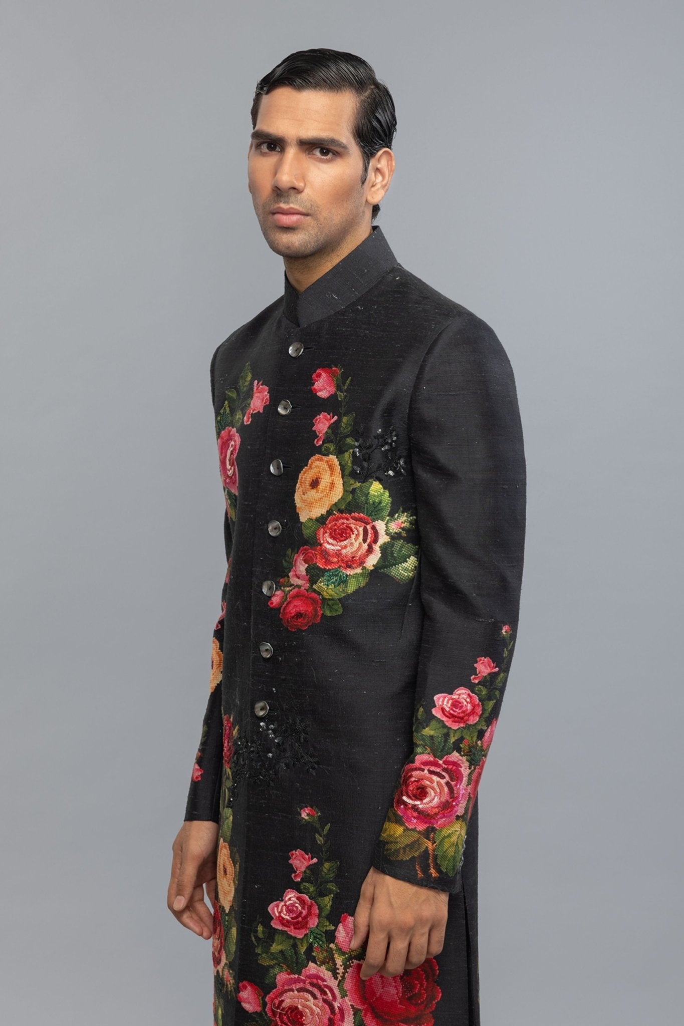Black Matka Silk Sherwani - Rohit Bal Menswear - Elahe