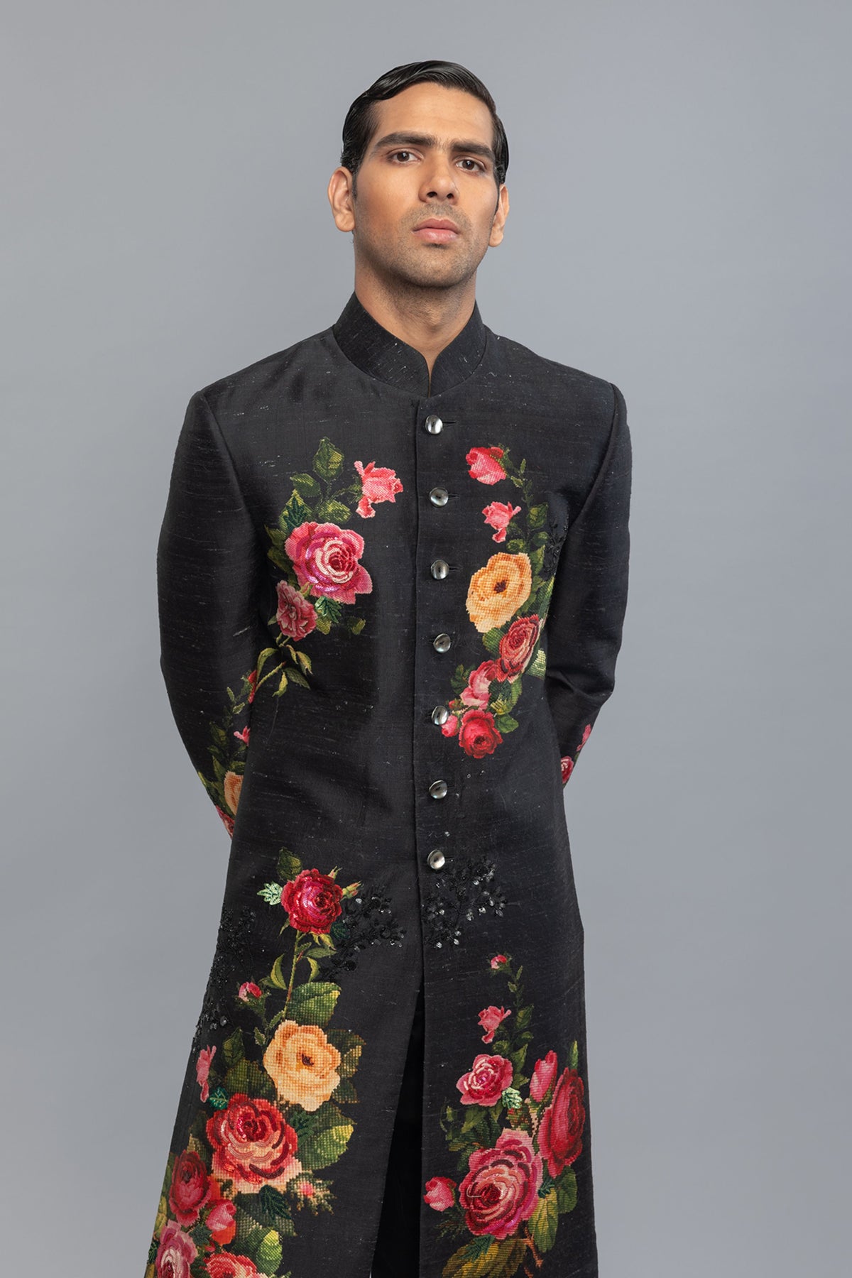 Black Matka Silk Sherwani
