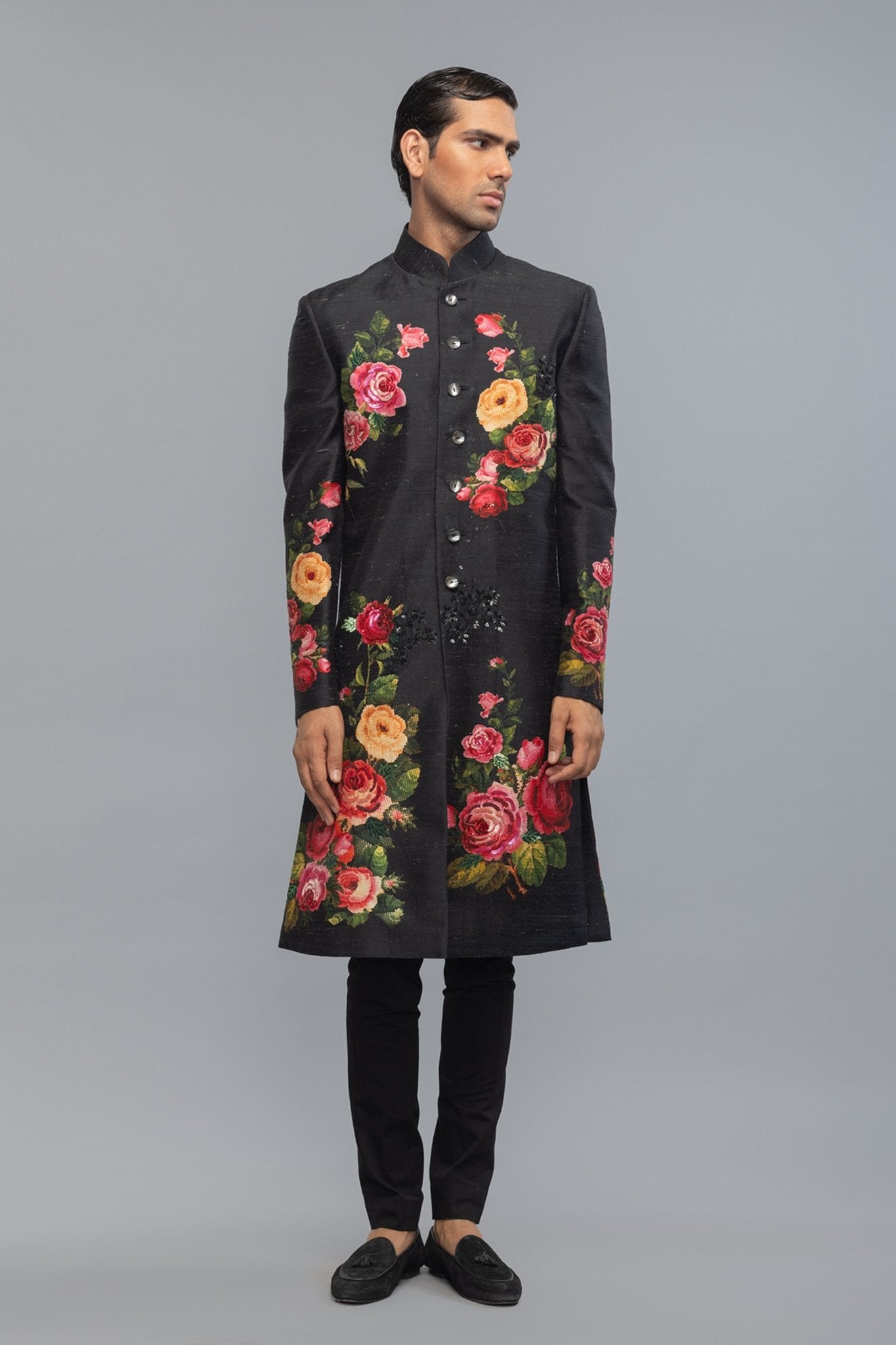 Black Matka Silk Sherwani - Rohit Bal Menswear - Elahe