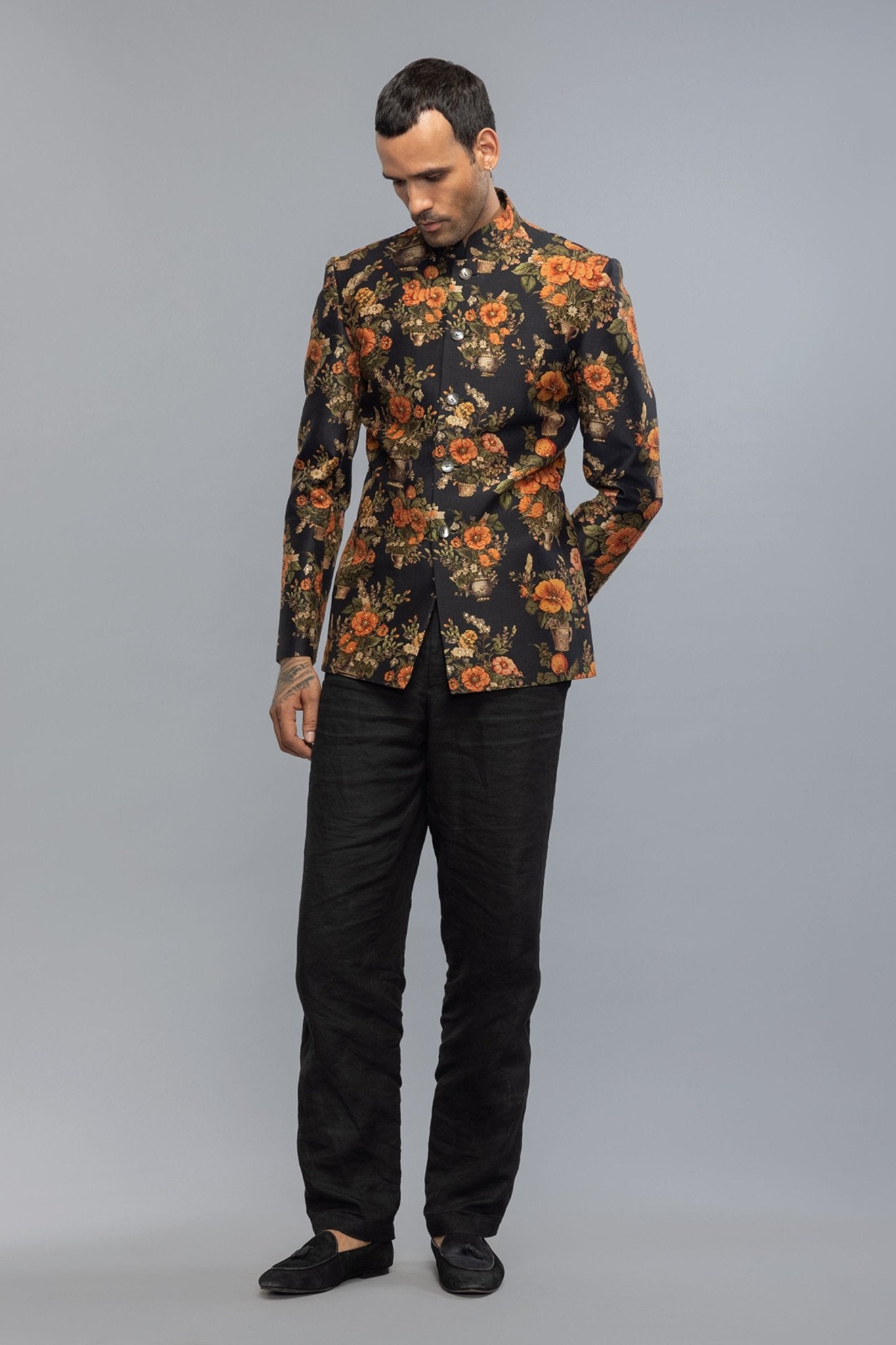 Black Floral Printed Badhgala - Rohit Bal Menswear - Elahe