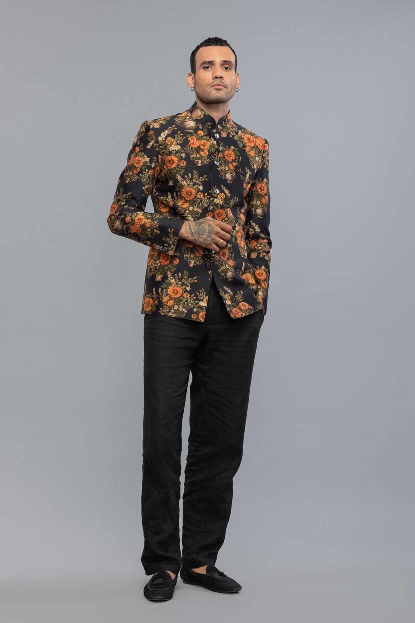 Black Floral Printed Badhgala - Rohit Bal Menswear - Elahe