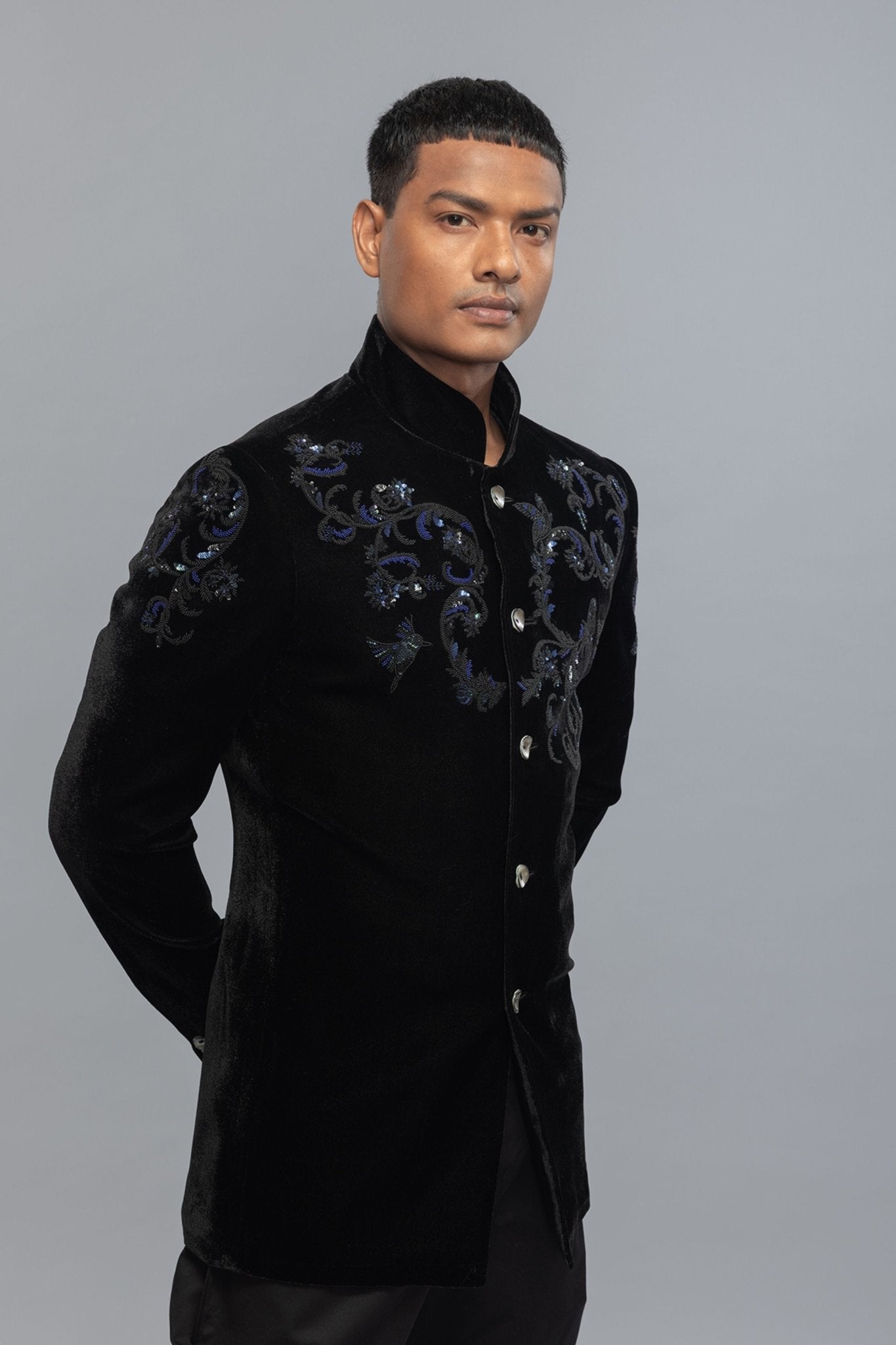 Elegant Black Velvet Bandhgala - Rohit Bal Menswear - Elahe