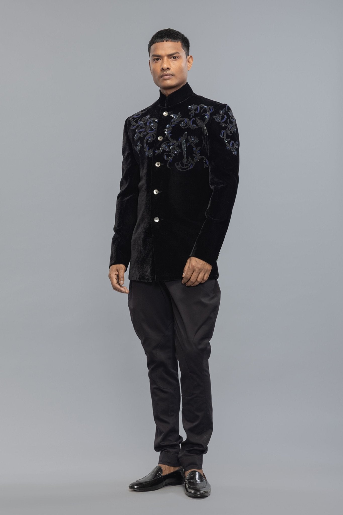 Elegant Black Velvet Bandhgala - Rohit Bal Menswear - Elahe