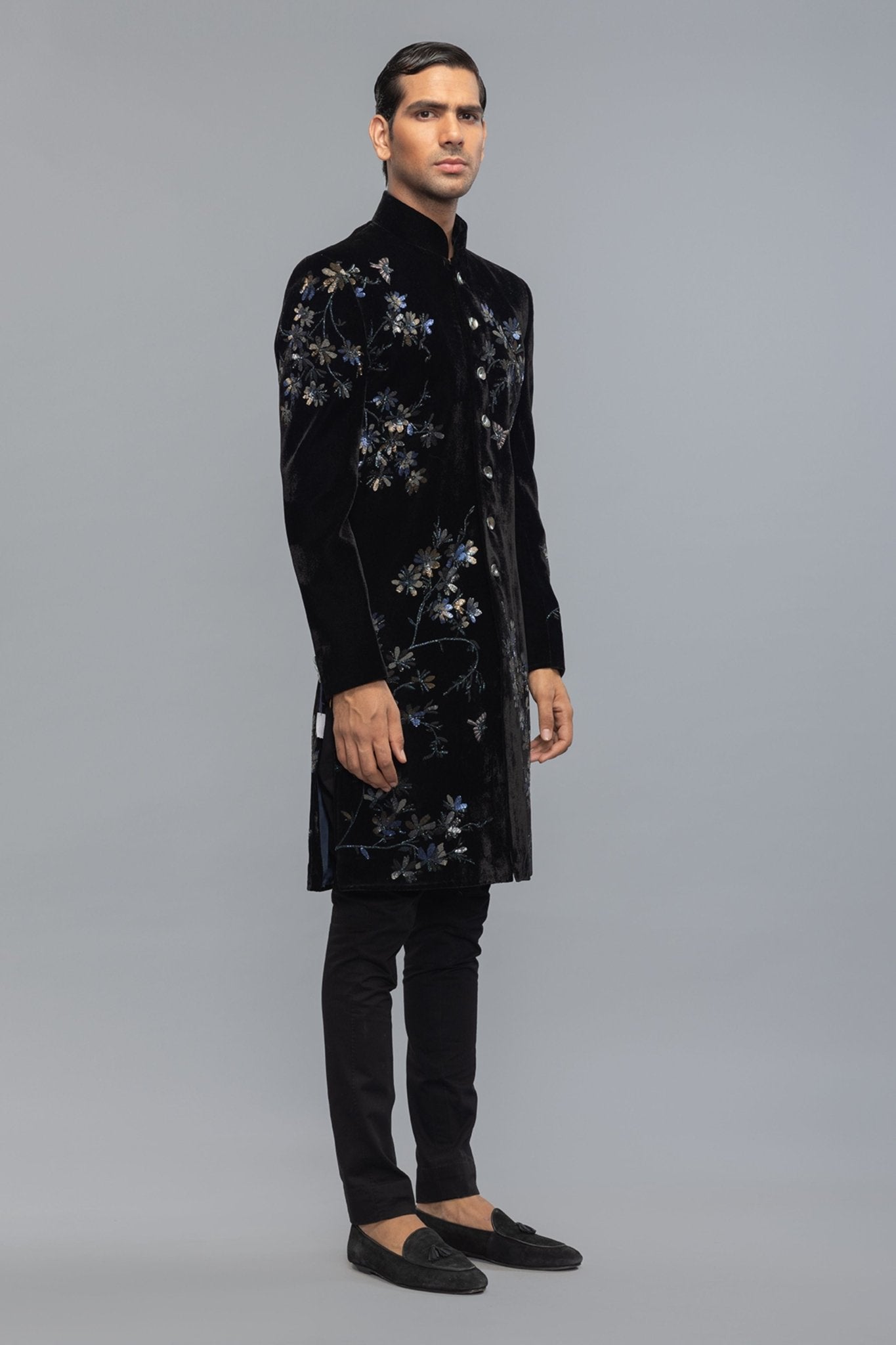 Black Velvet Sherwani - Rohit Bal Menswear - Elahe