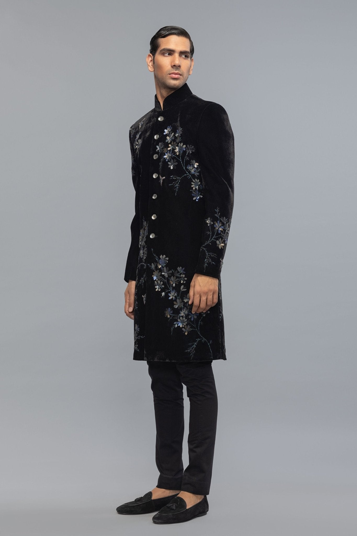 Black Velvet Sherwani - Rohit Bal Menswear - Elahe