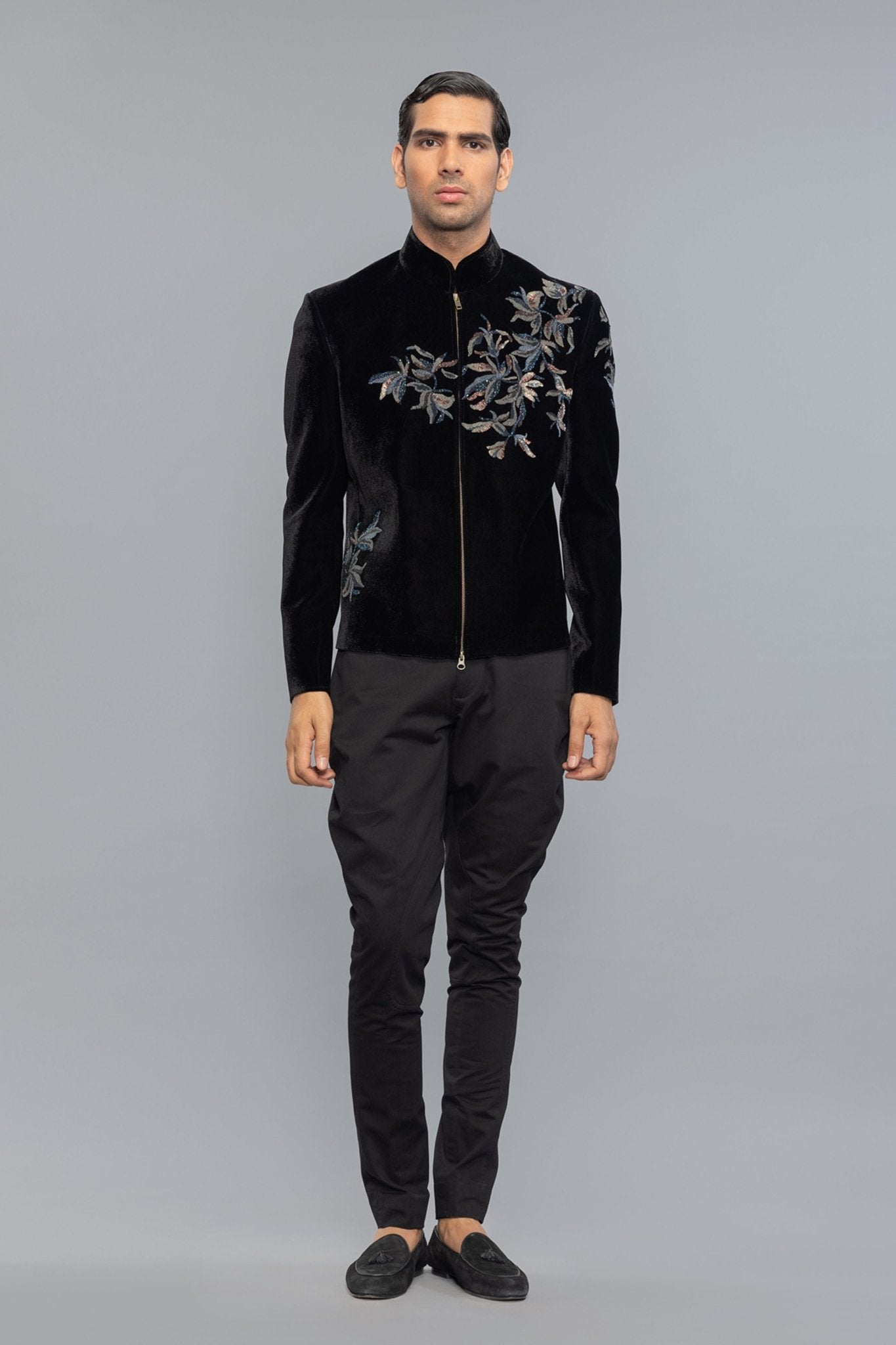 Velvet Bandhgala With Intricate Embroidery - Rohit Bal Menswear - Elahe