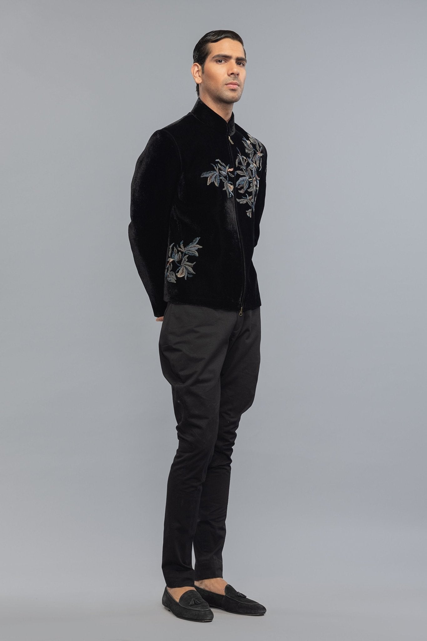 Velvet Bandhgala With Intricate Embroidery - Rohit Bal Menswear - Elahe