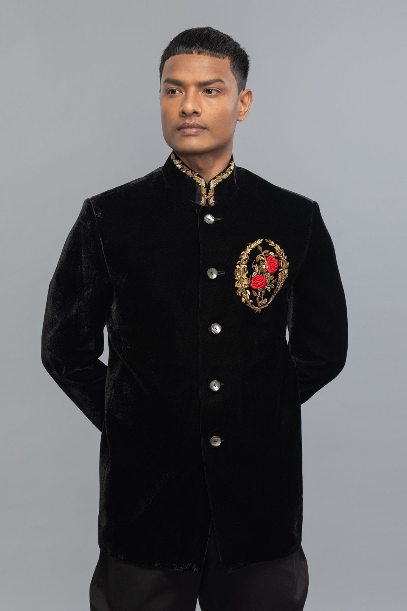 Black Bandhgala With Embroidery - Rohit Bal Menswear - Elahe