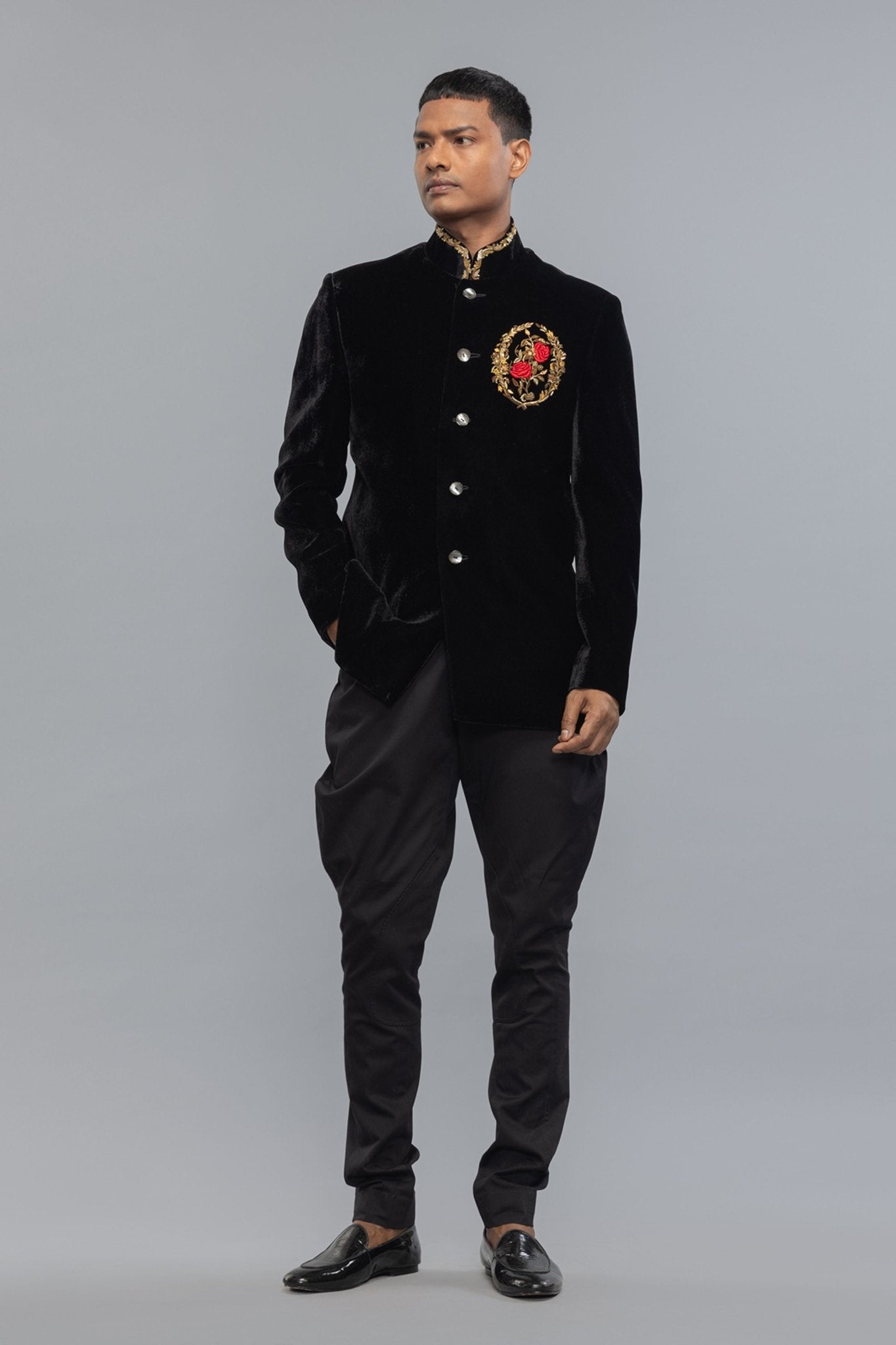 Black Bandhgala With Embroidery - Rohit Bal Menswear - Elahe