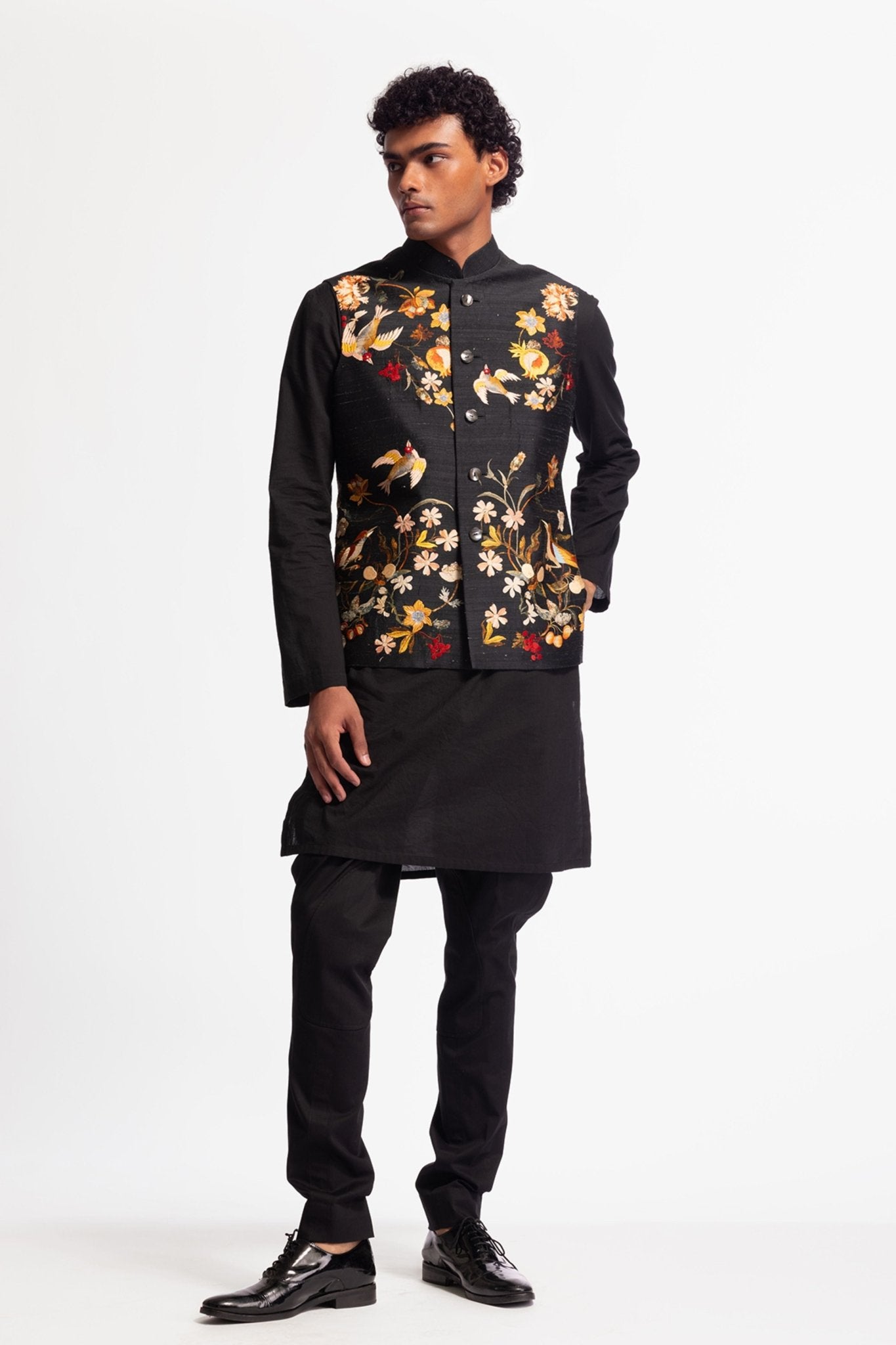 Floral Black Printed Bundi - Rohit Bal Menswear - Elahe