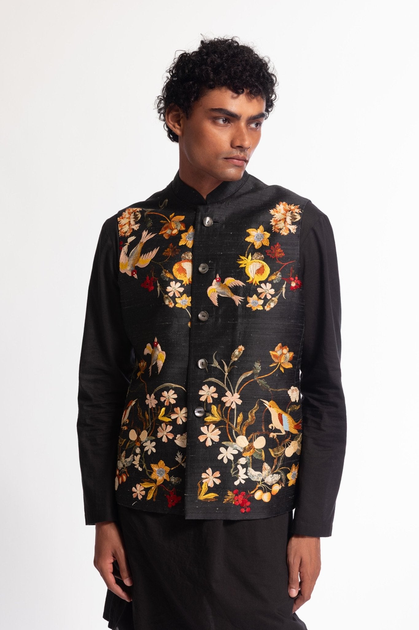 Floral Black Printed Bundi - Rohit Bal Menswear - Elahe