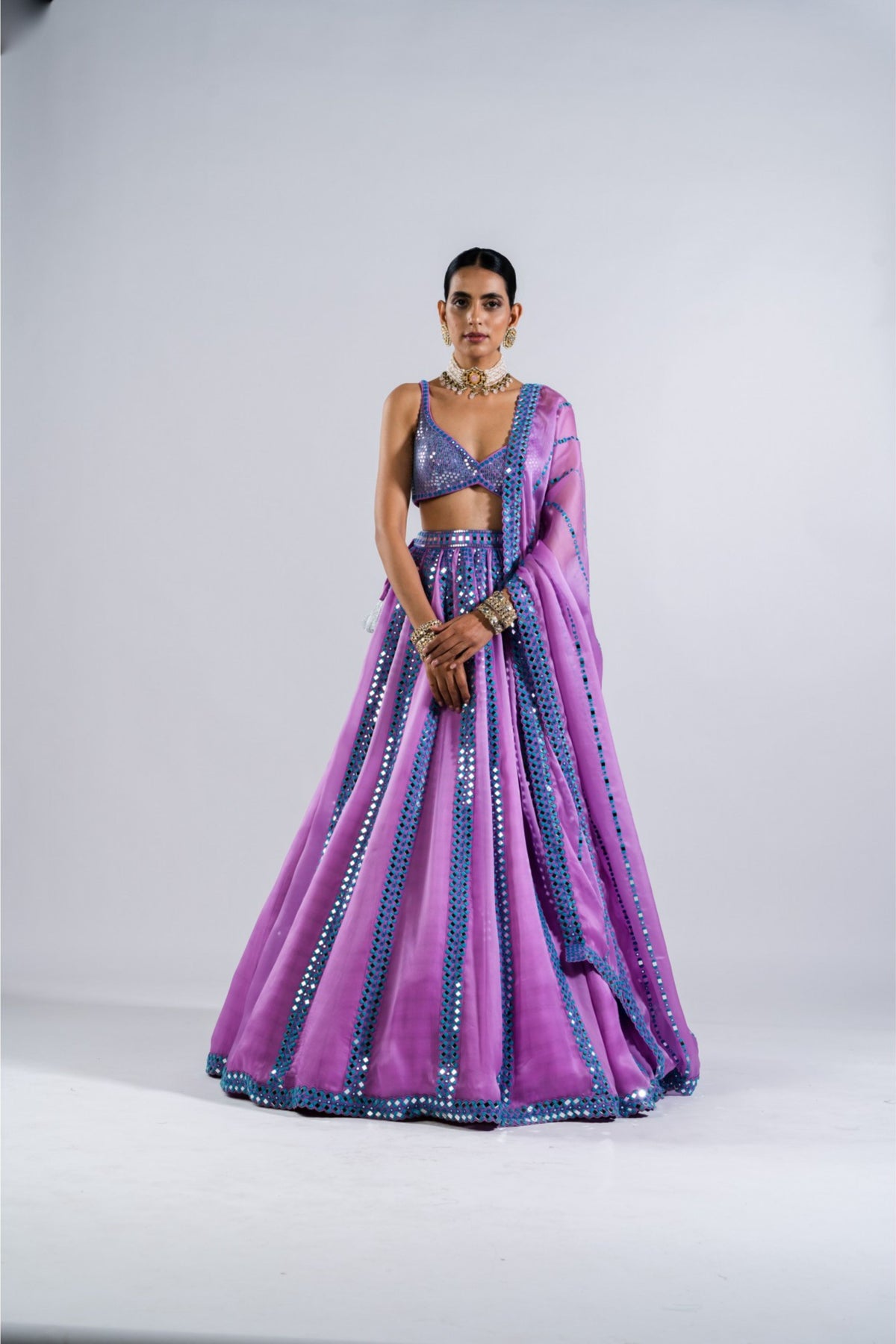 Mauve Mirror Seam Lehenga With Metallic Blouse