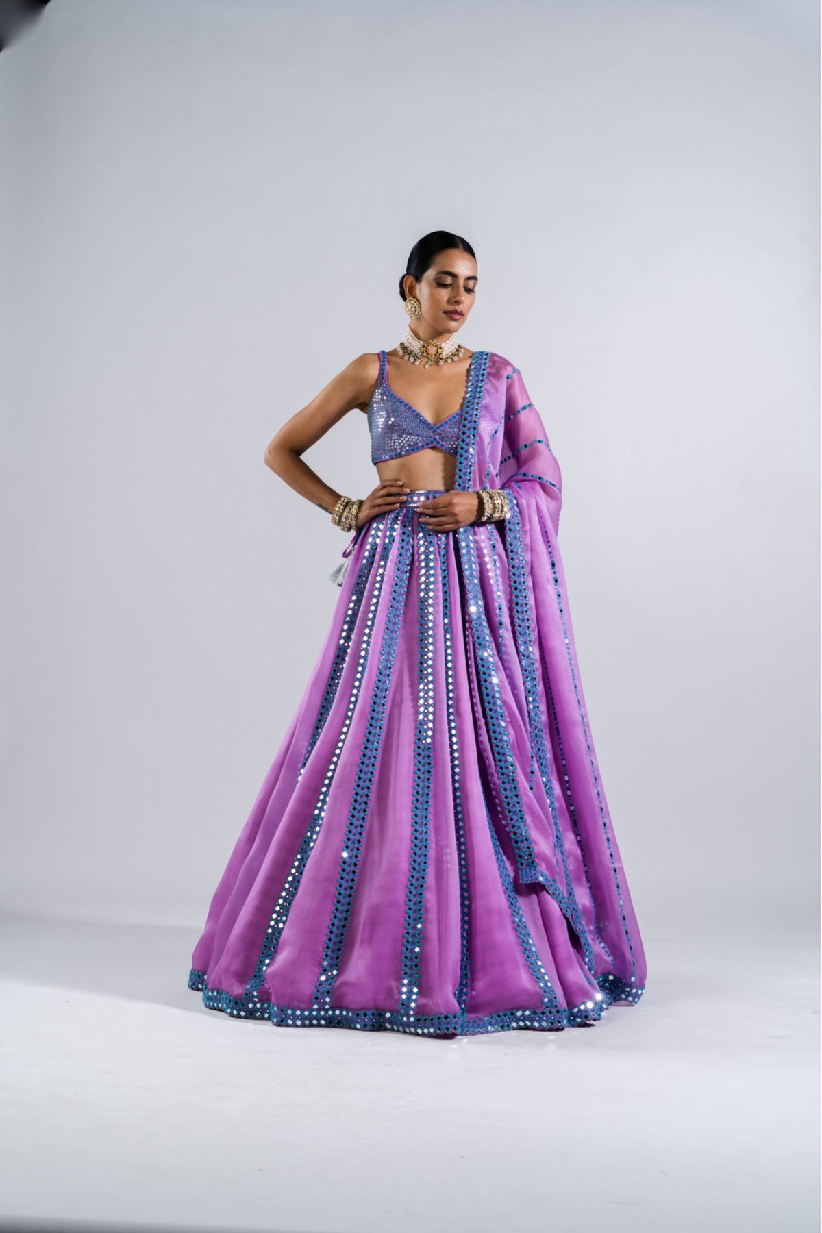Mauve Mirror Seam Lehenga With Metallic Blouse