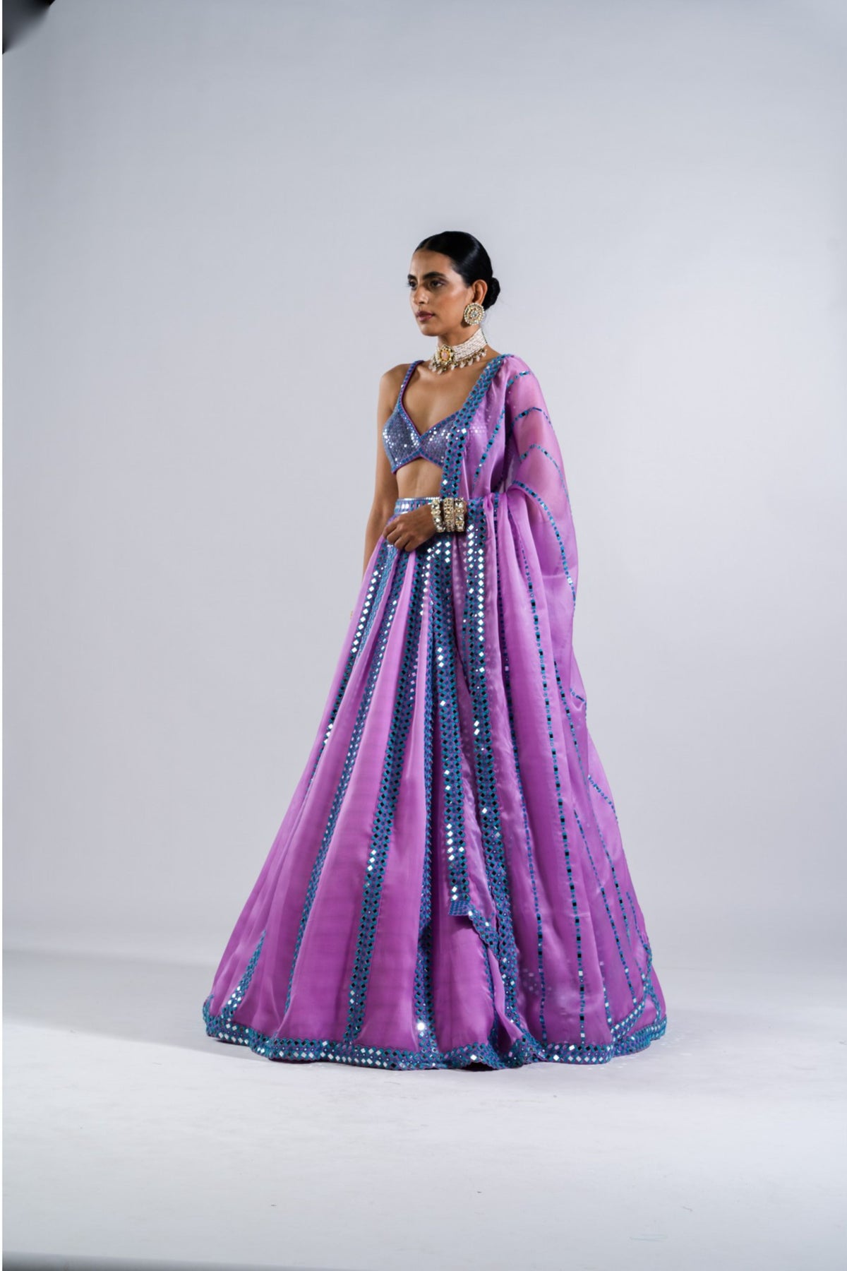 Mauve Mirror Seam Lehenga With Metallic Blouse