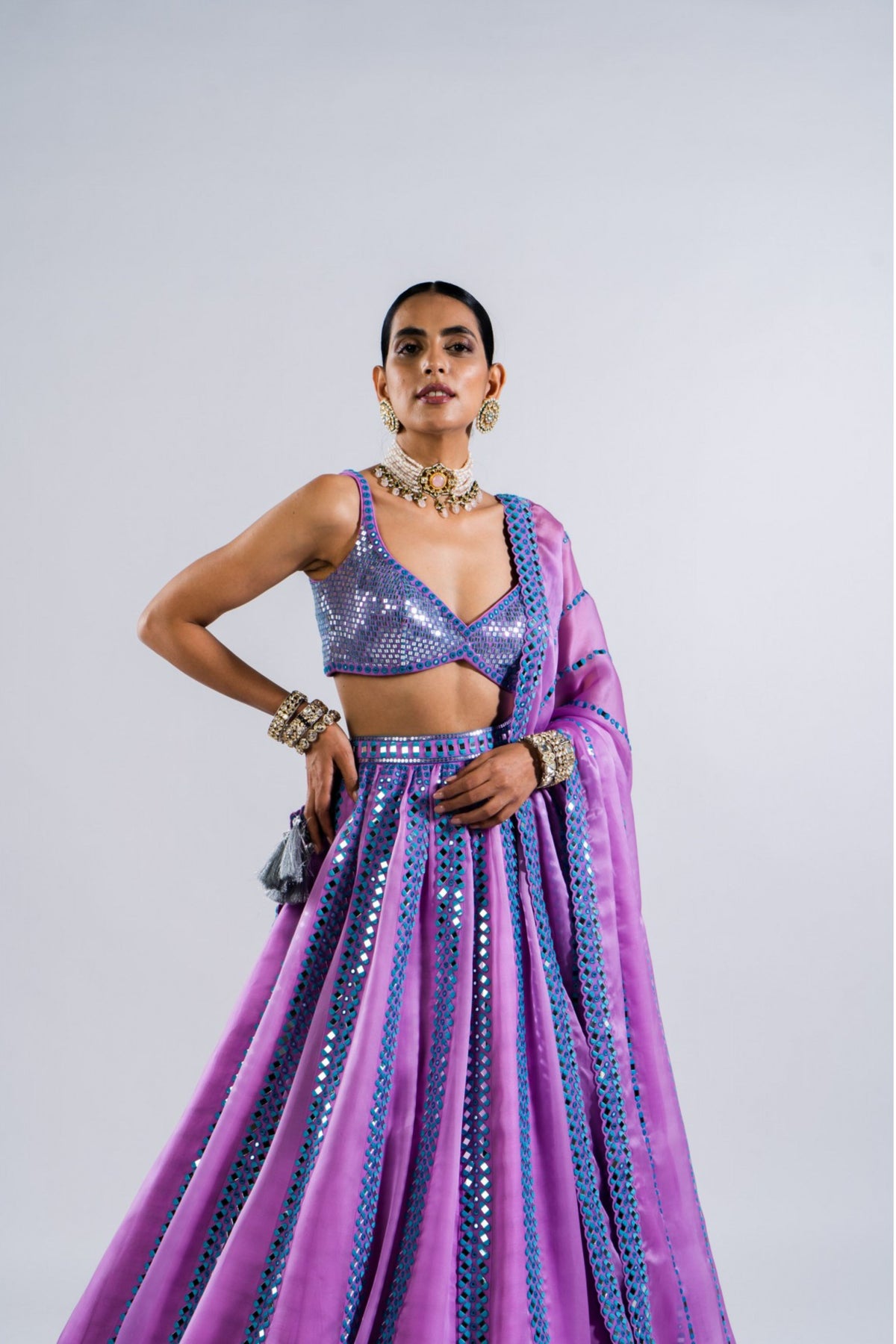 Mauve Mirror Seam Lehenga With Metallic Blouse