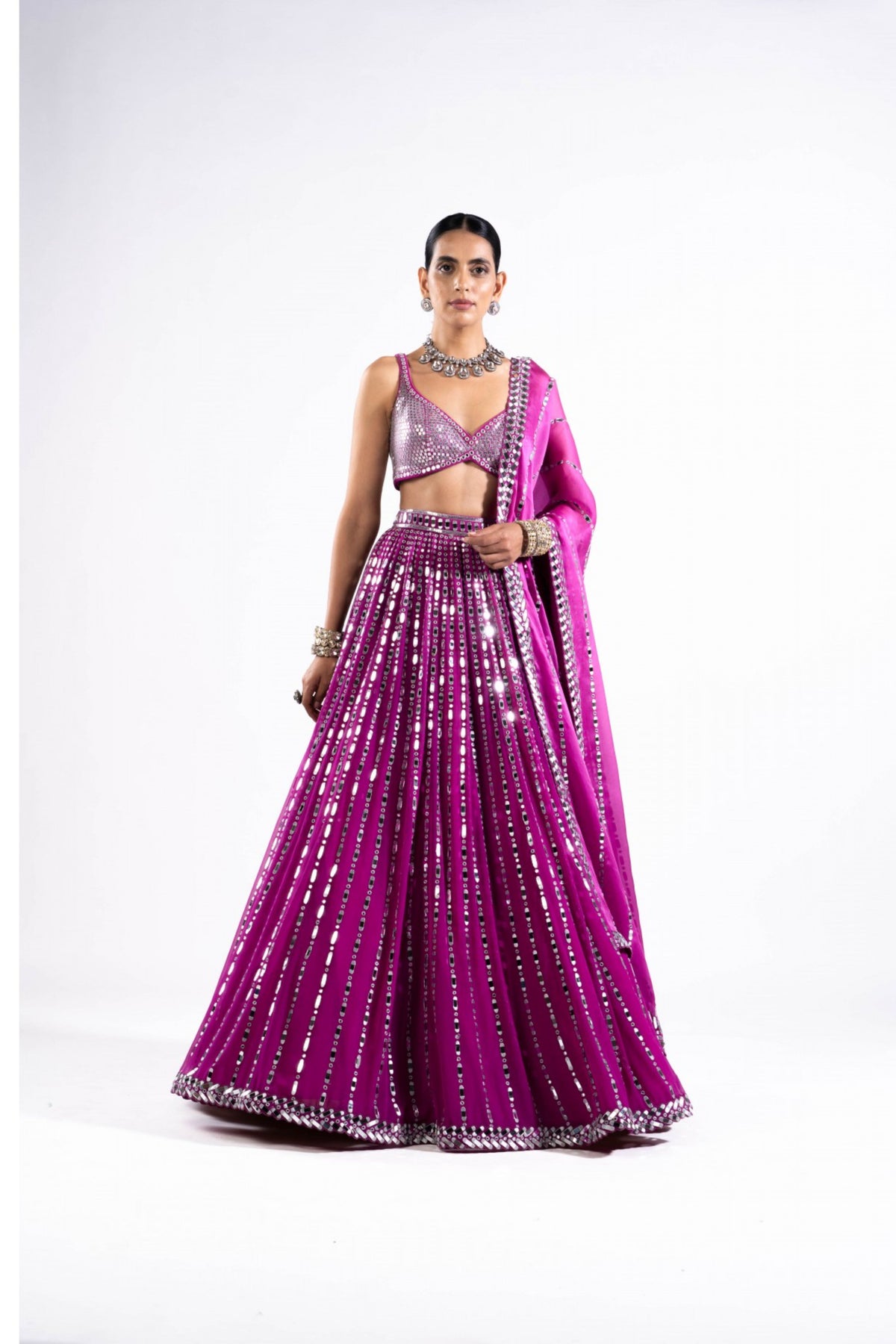 Pop Wine Linear Drop Lehenga With Metallic Blouse