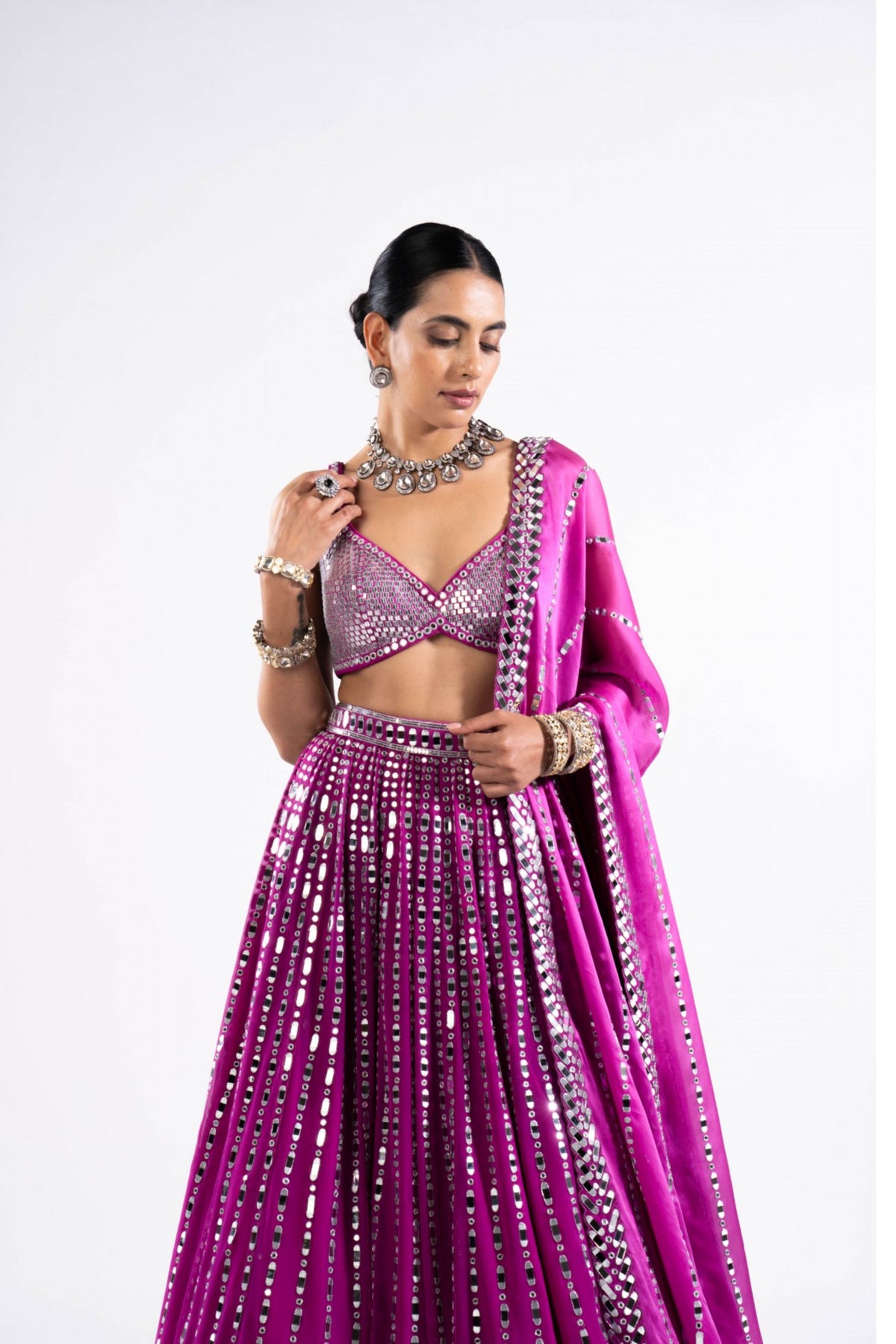 Pop Wine Linear Drop Lehenga With Metallic Blouse