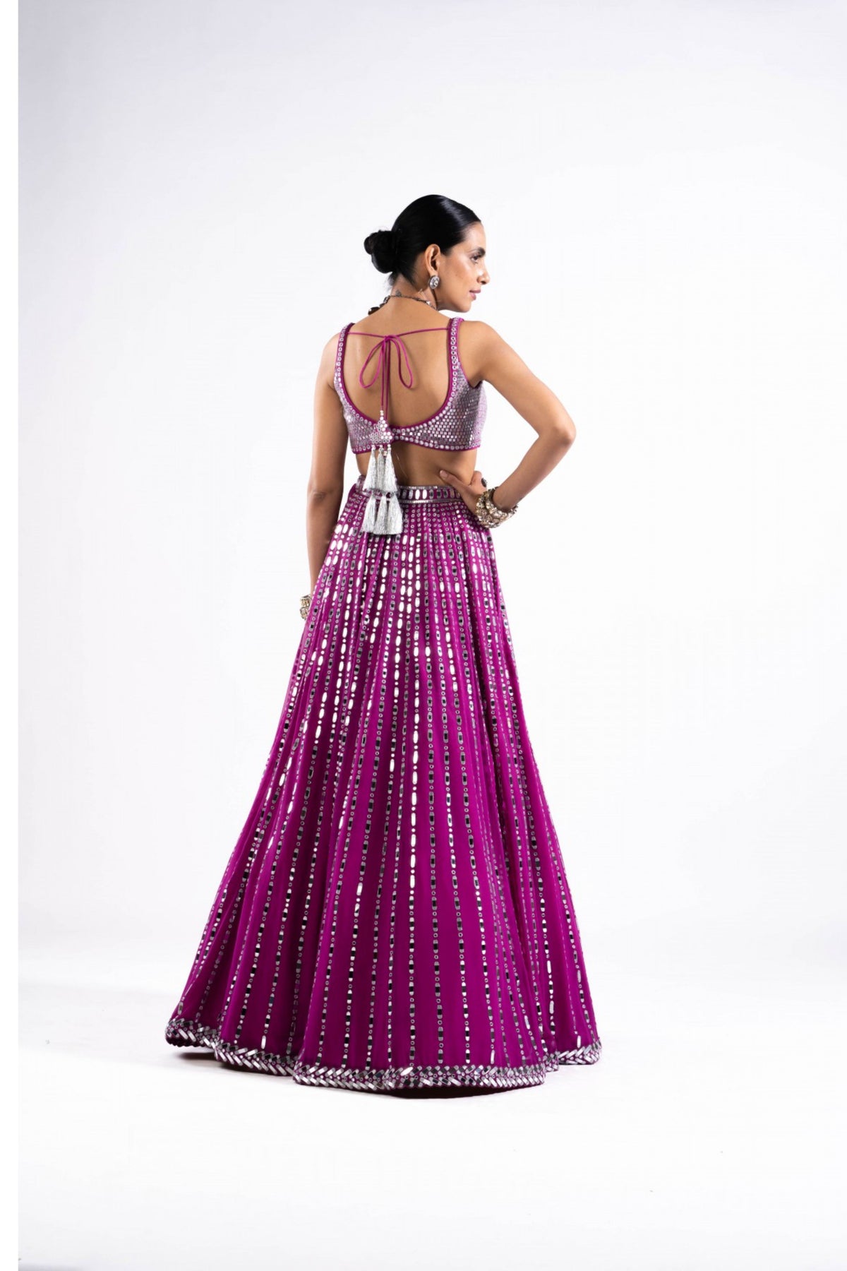 Pop Wine Linear Drop Lehenga With Metallic Blouse