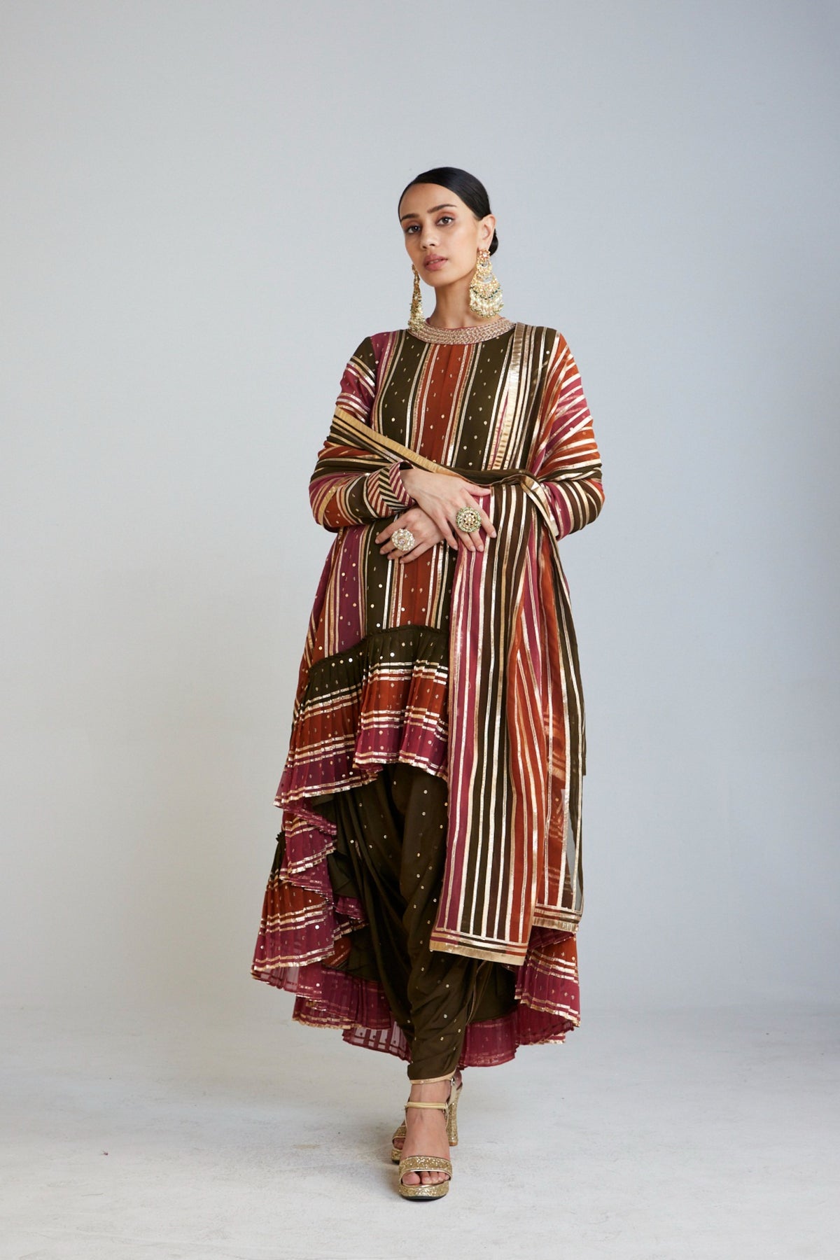 Olive Green Asymmetrical Kurta Dhoti Set