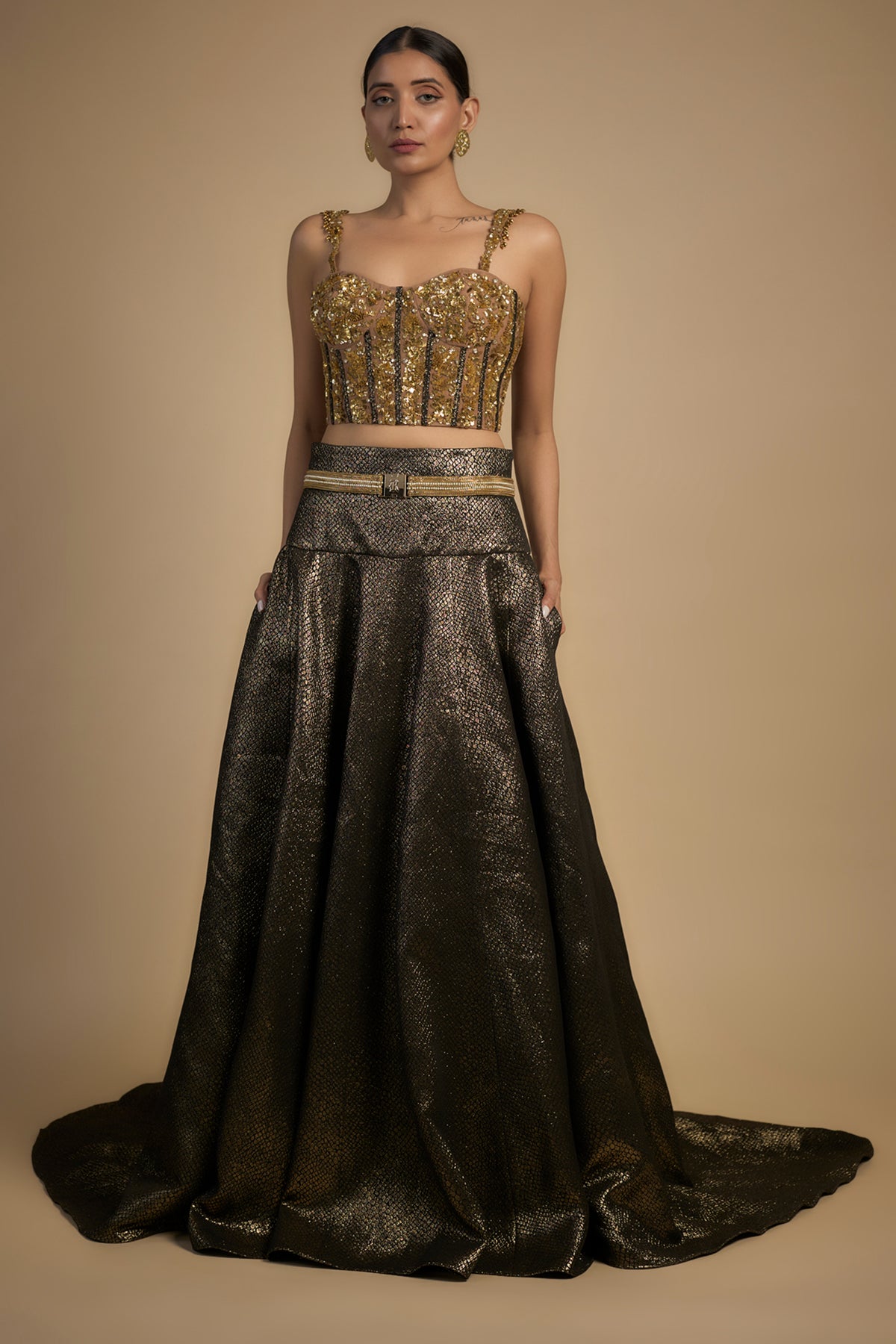 Gold Sequin Corset With Lehenga