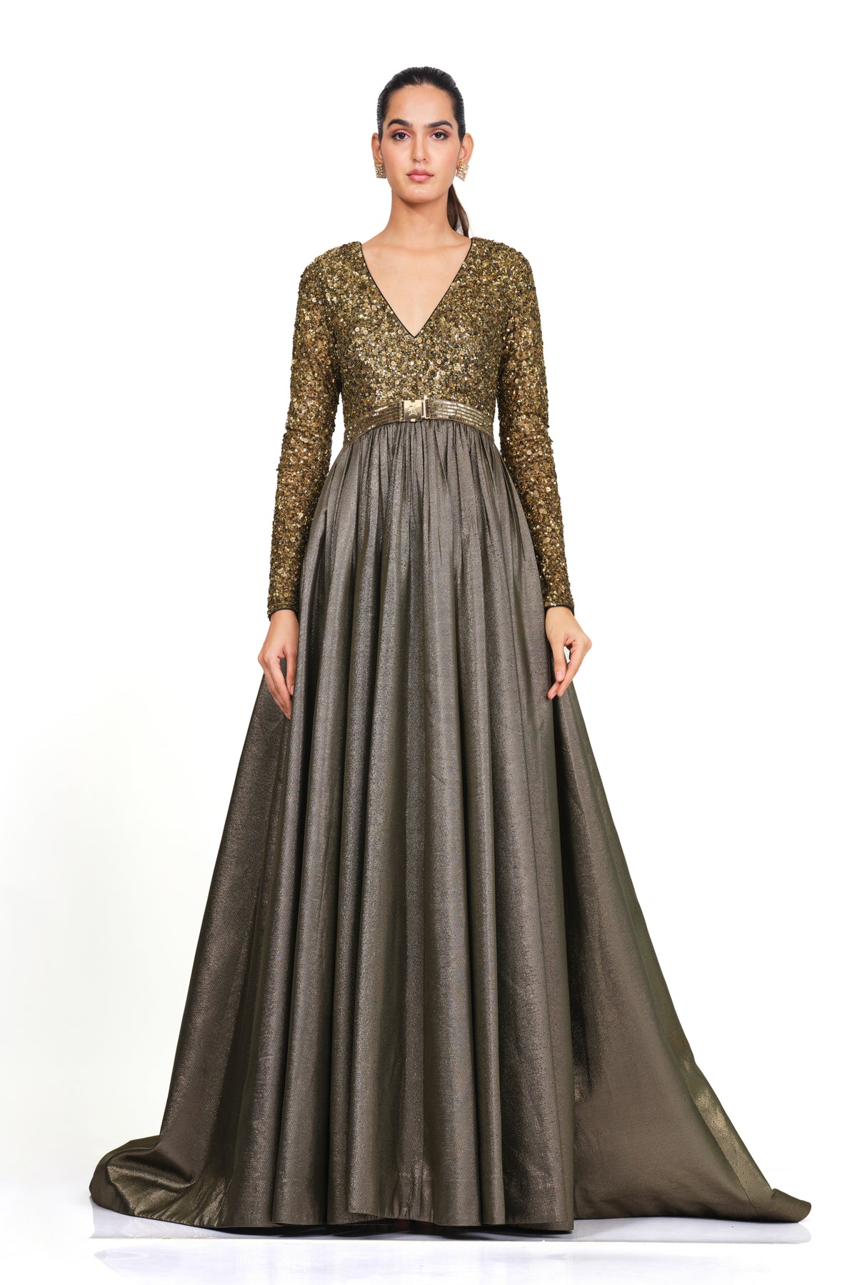 Gold Full Sleeve Gown With V Neck