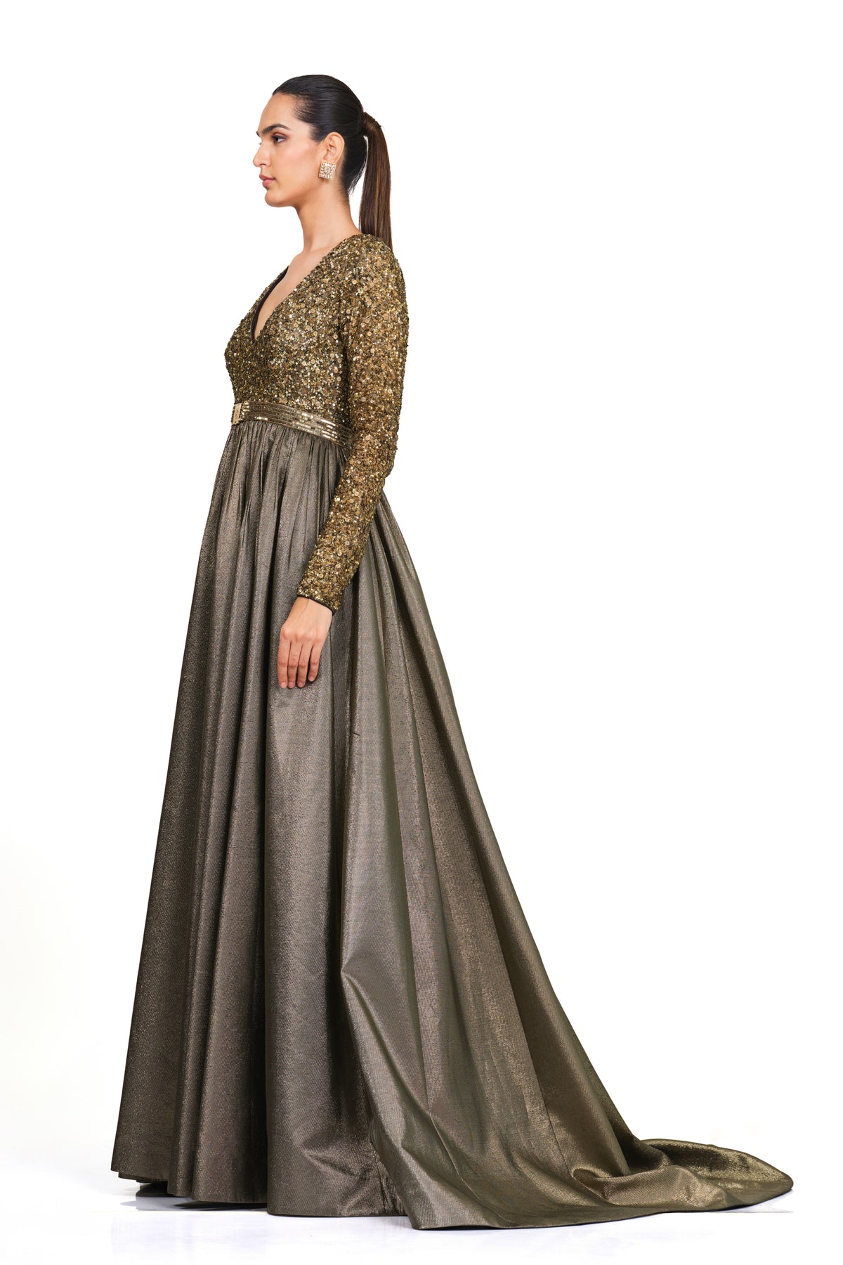 Gold Full Sleeve Gown With V Neck